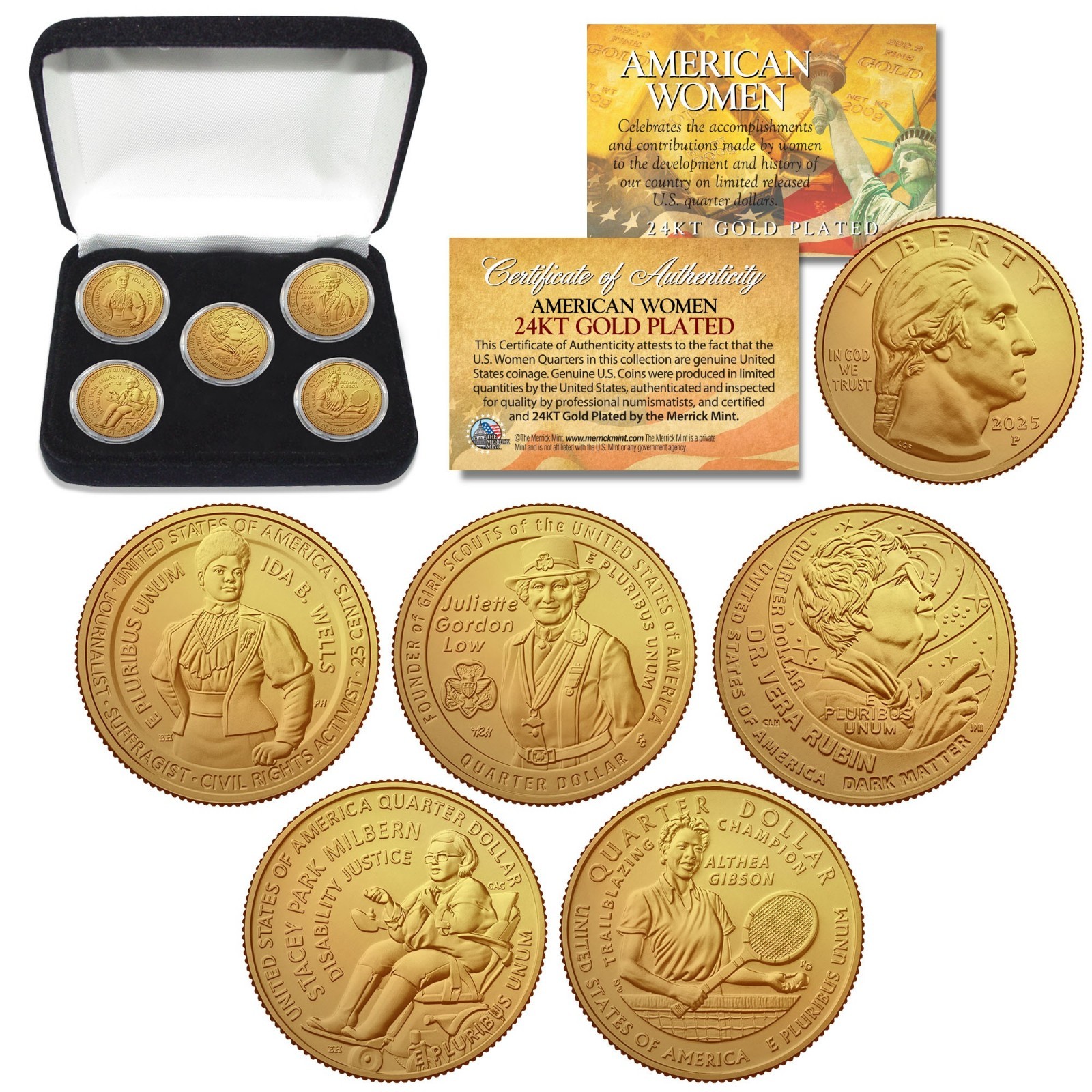 2025 24K GOLD AMERICAN WOMEN Quarters U.S. Mint 5-Coin Full Set with Box