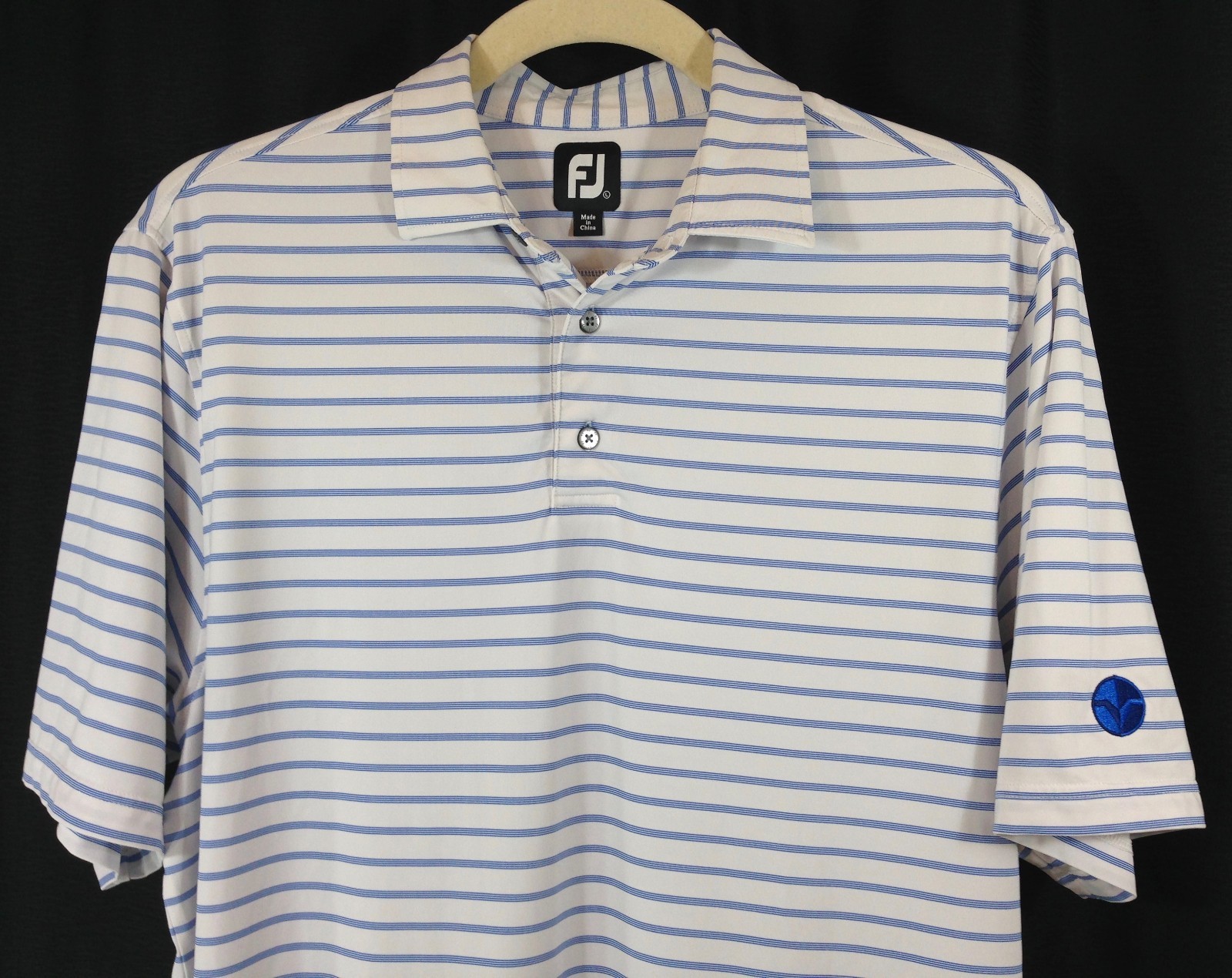 FootJoy Mens L Short Sleeve White Blue Stripe Polo Golf Shirt