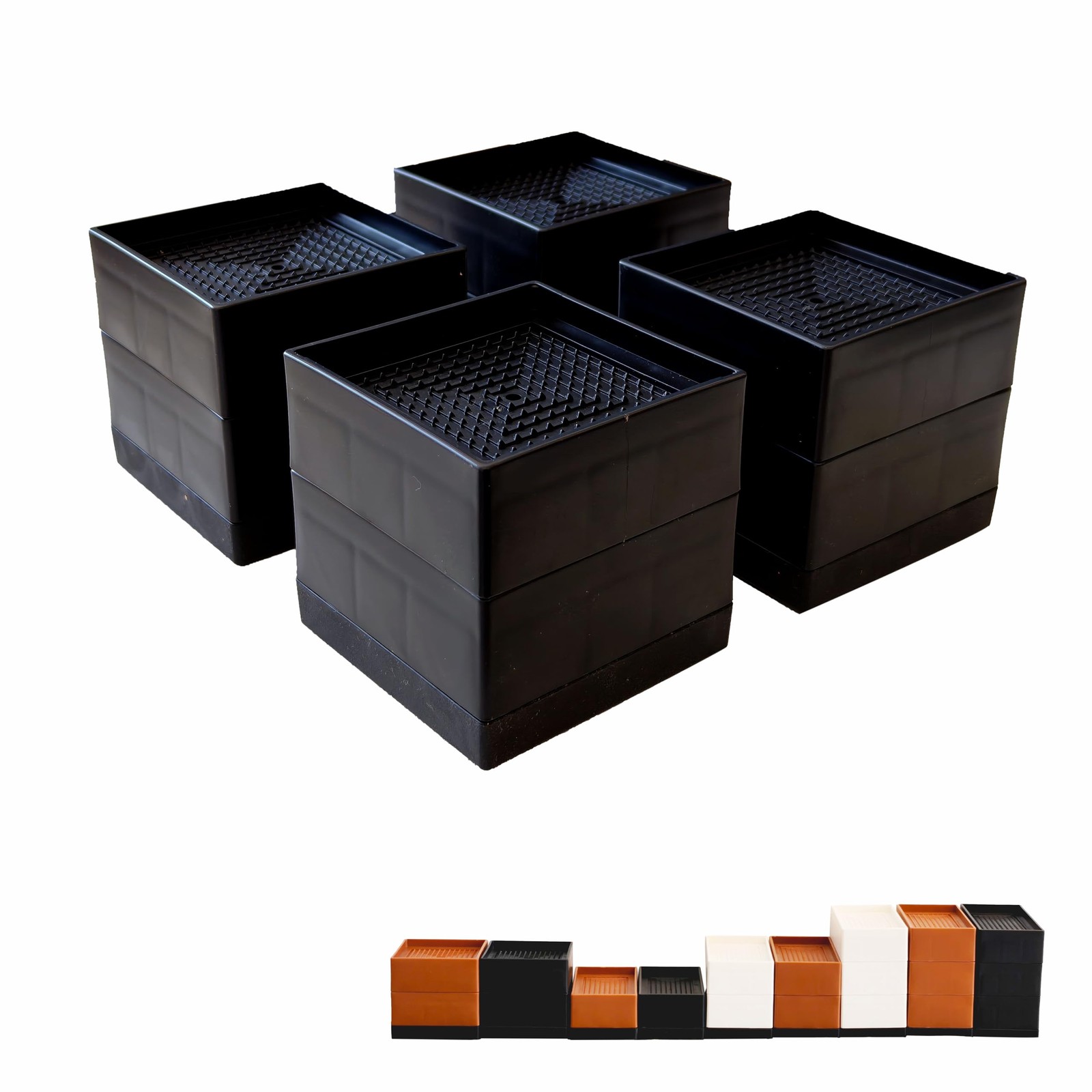 4 Pack Black Square Bed Risers 2.95 Inch Heavy Duty Desk Table Sofa Lifts