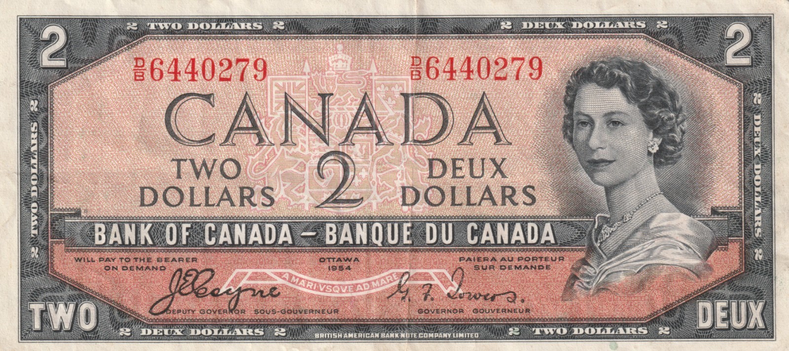 Canada 1954 2 Dollars Circulated Banknote Pick BC-30a Devil's Face D/B