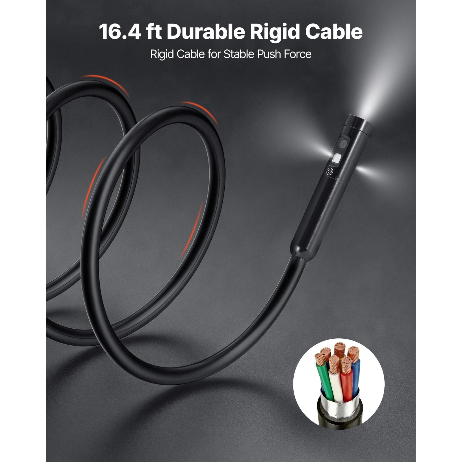 Rigid-Cable Borescope: Triple Lens, 5" HD IPS, 8X Zoom, IP67, 16.4ft