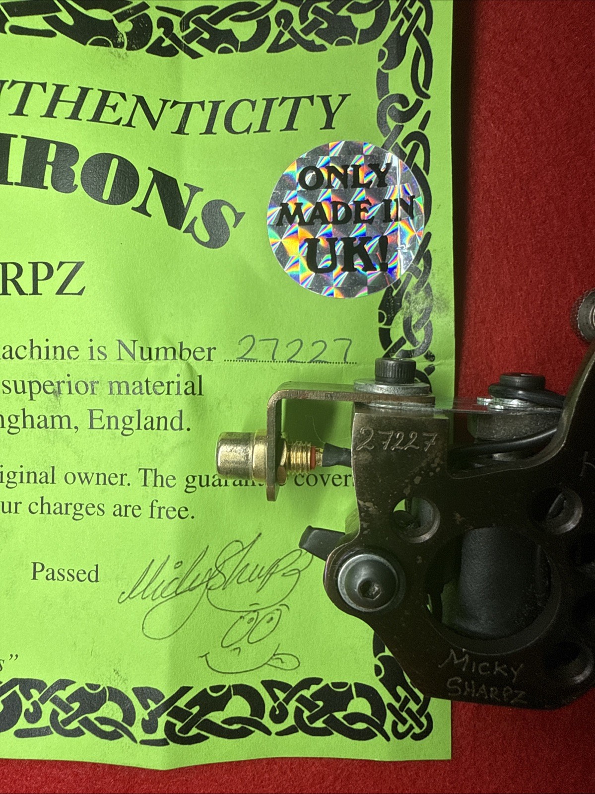 Micky Sharpz Iron Micro Dial Tattoo Machine 2017 Certificate of Authenticity
