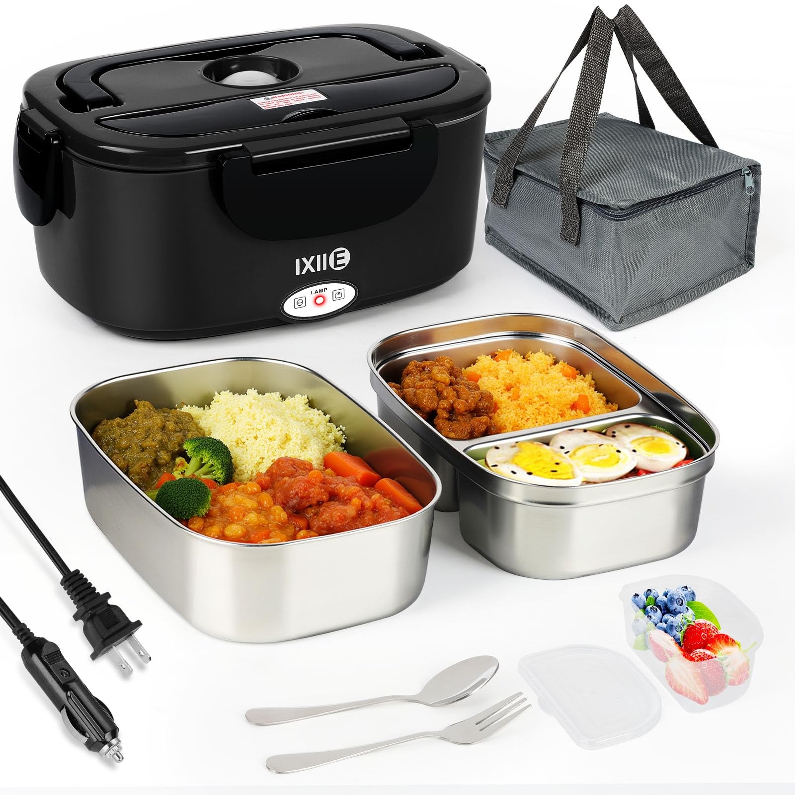IXIIE Electric Lunch Box 80W Food Warmer for Work, Large, Black+Black