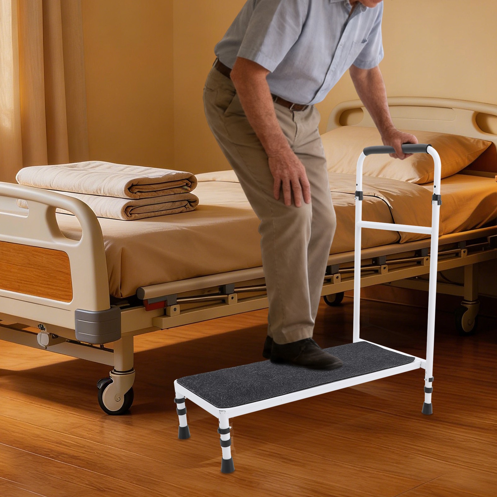 Bedside Step Stool Large Adjustable Height with Stable Assist Rail Bed Step