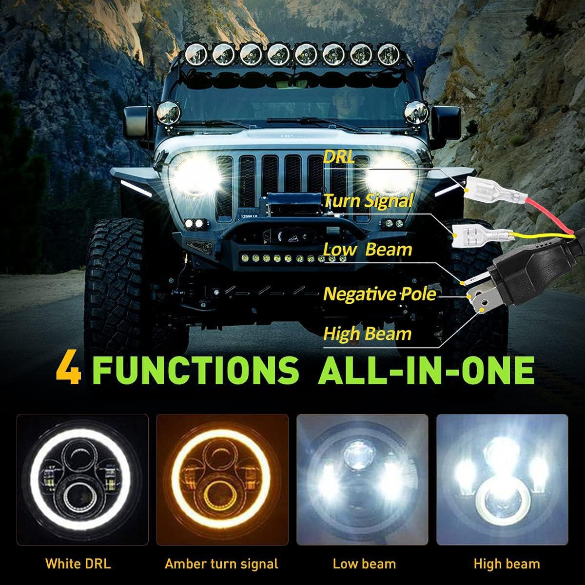 7" Headlights Hi/Lo Beam White for 2007-2017 Jeep Wrangler JK JKU LJ TJ CJ