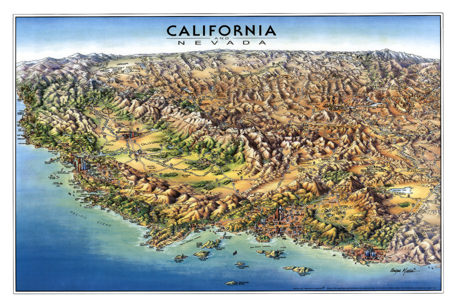 Unique Media Laminated Poster Map California & Nevada Artistic Illustration