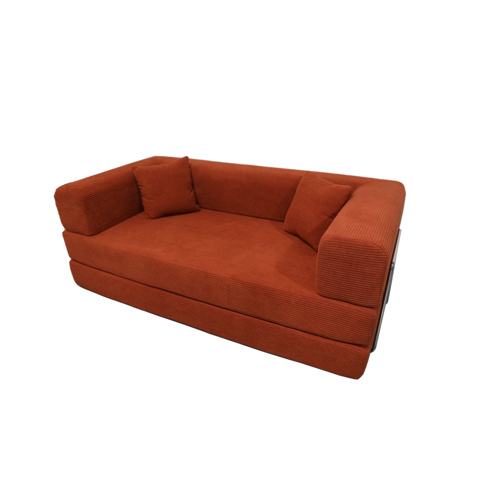 Sleeper Sofa Bed 2-Seater Convertible Couch Corduroy Foam Orange