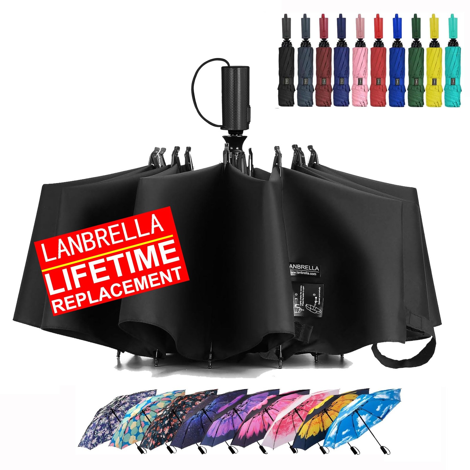 LANBRELLA Compact Travel Umbrella Windproof Auto Open Close - 46 INCH, Black