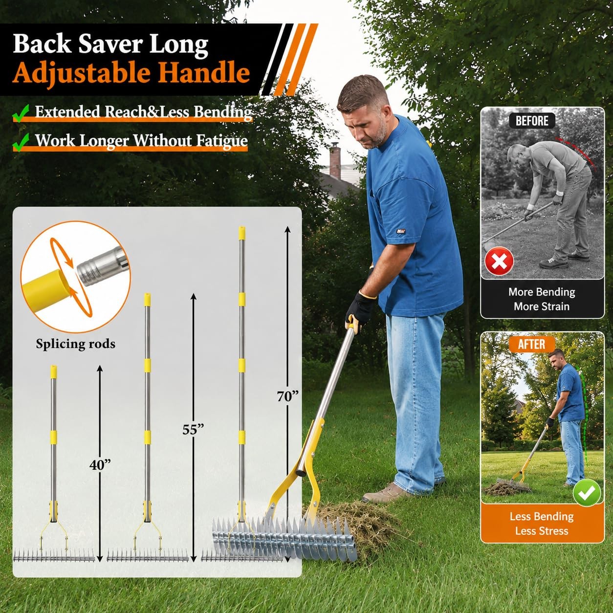 Heavy Duty Dual Sided 70" Sharp Thatch Rake for Lawns Dethatching Tool