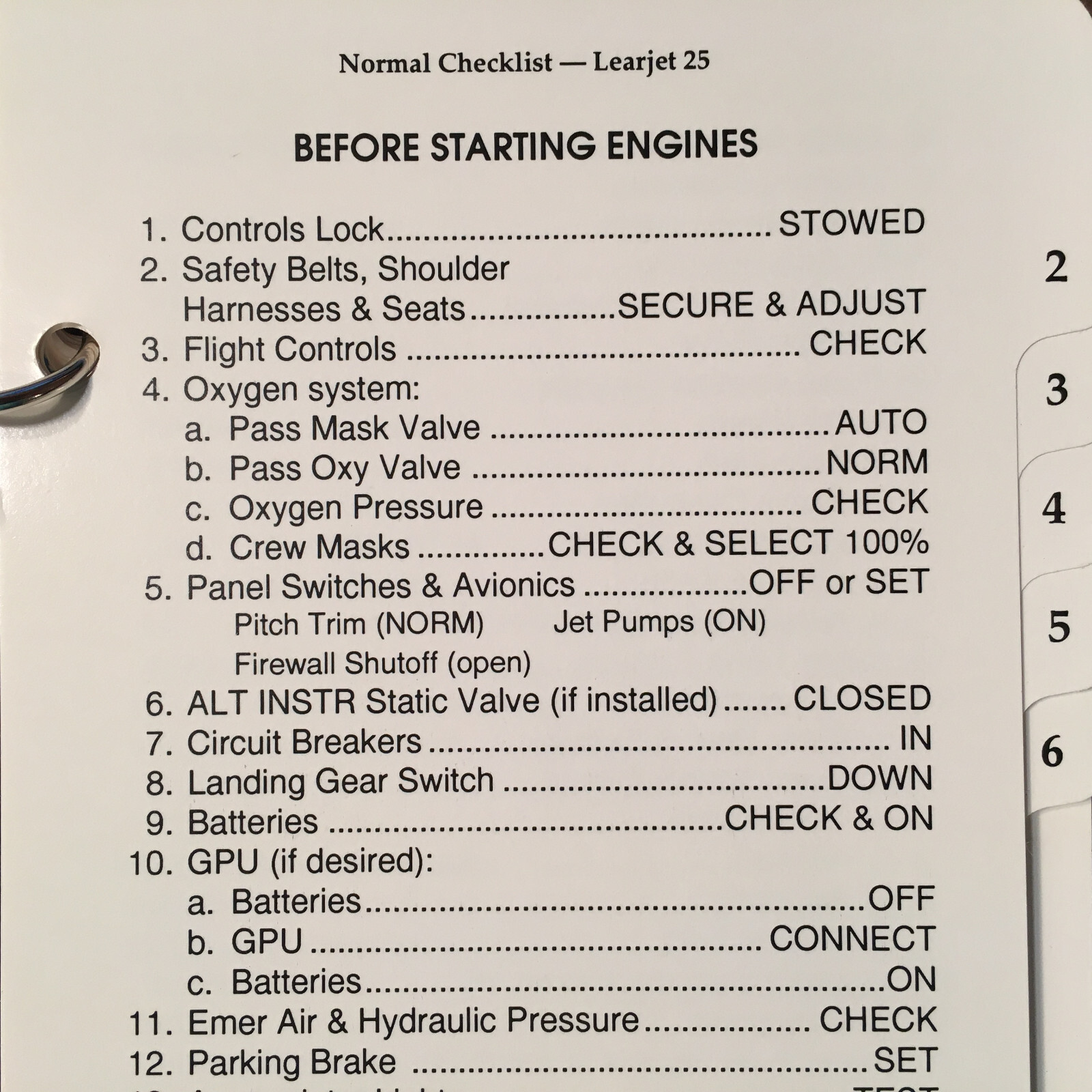 Gates Learjet 25 Normal & Emergency Checklist