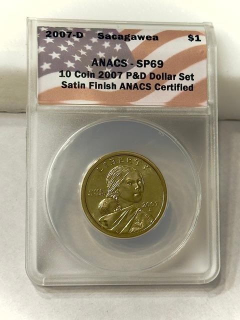2007-D Sacagawea Native American $1 ANACS SP69 Satin Finish Coin P&D DOLLAR SET