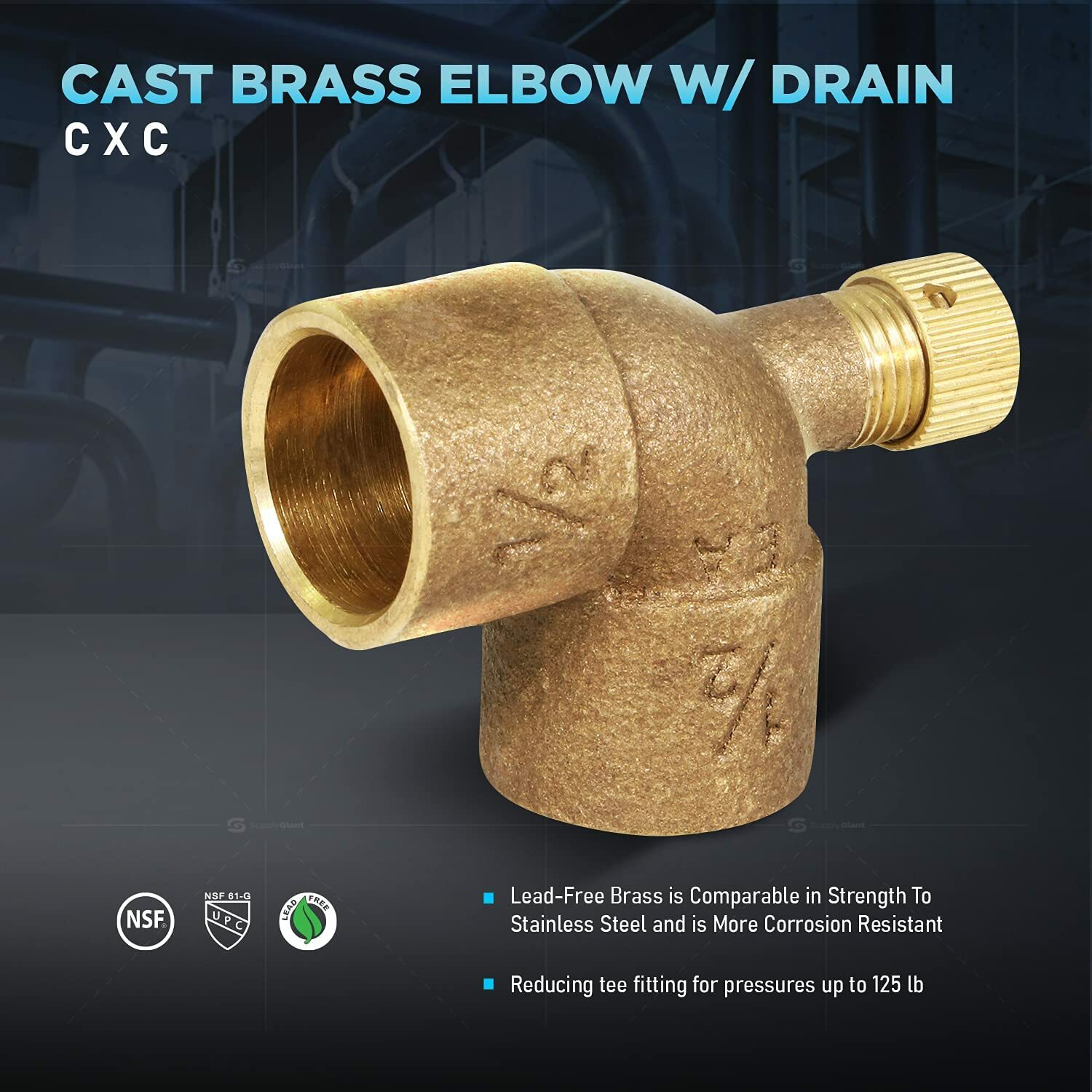 1/2"-3/4"in Cast Brass 90 Degree Elbow Sweat Connects and Drain Cap C x C USA