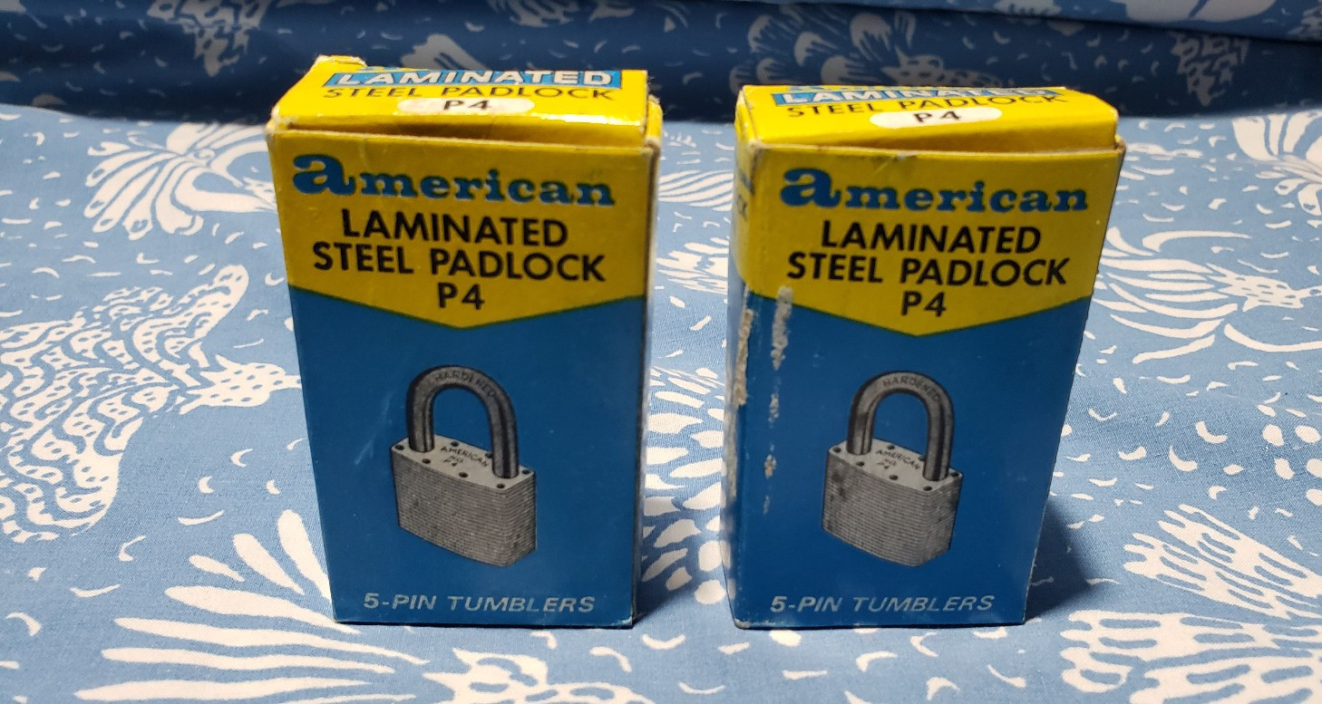 2 Vintage New Old Stock American Lock Padlocks P4 KD Hong Kong W/ Box & Keys