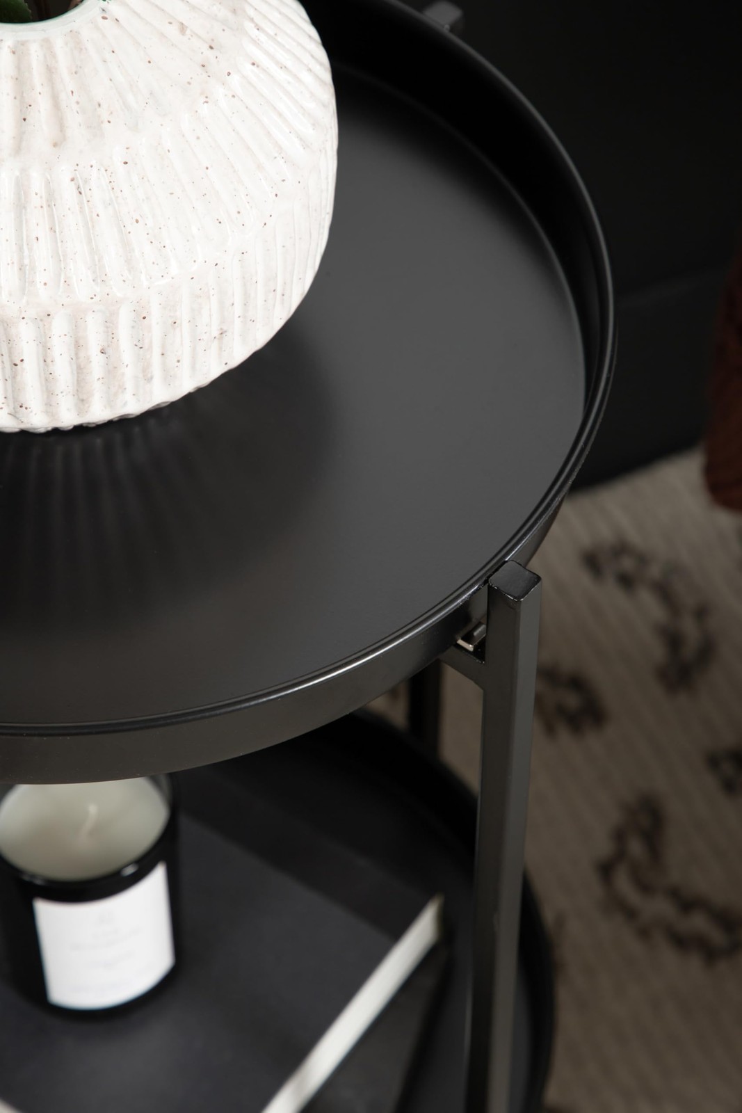 Celia Round Metal Foldable Tiered Side Table, 16 x 26, Black, Modern Accent T...