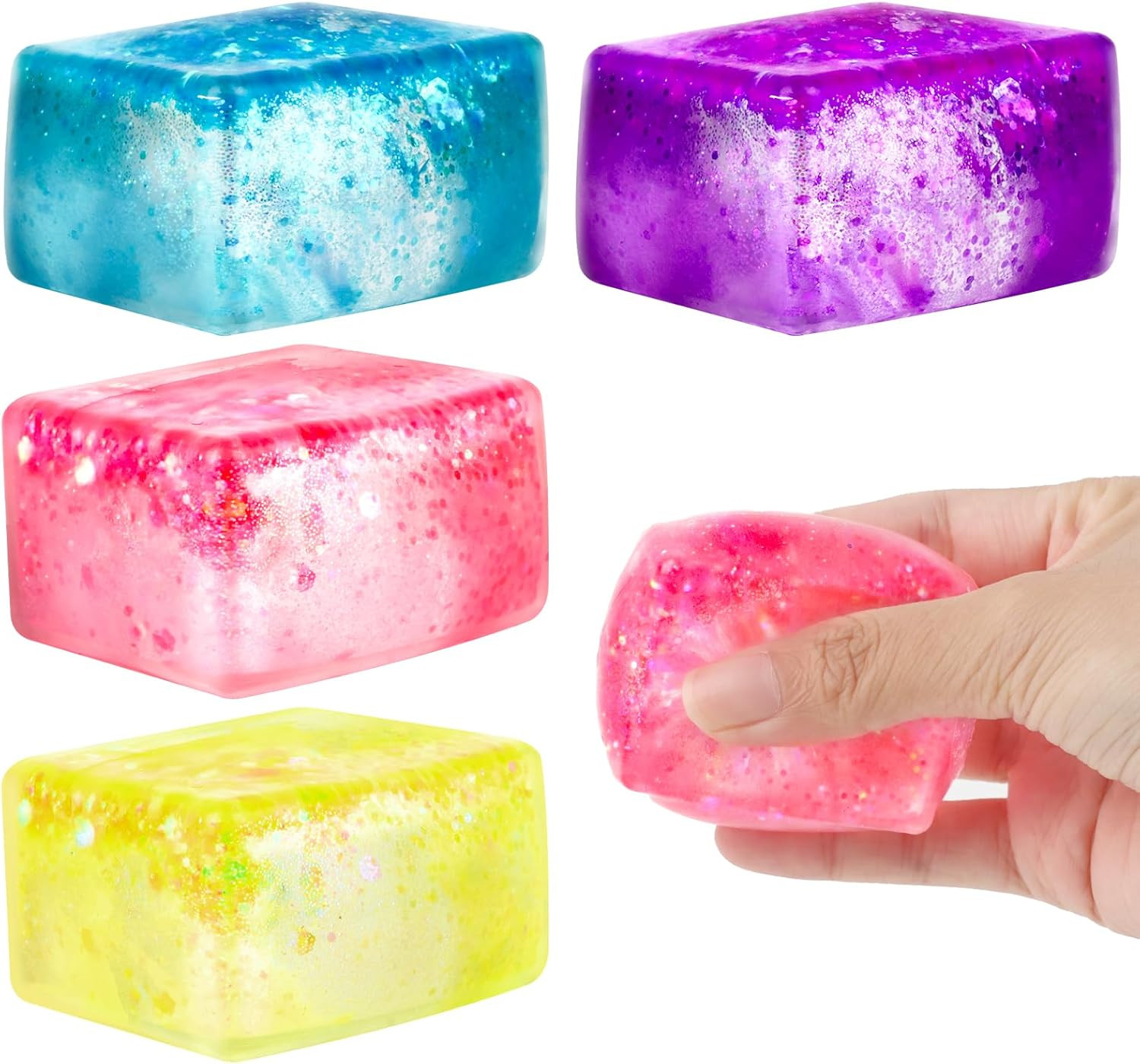 4 Pack Glitter Ice Cube Fidget Toys, Soft Cube Sensory Squishy Fidget Toys Squar