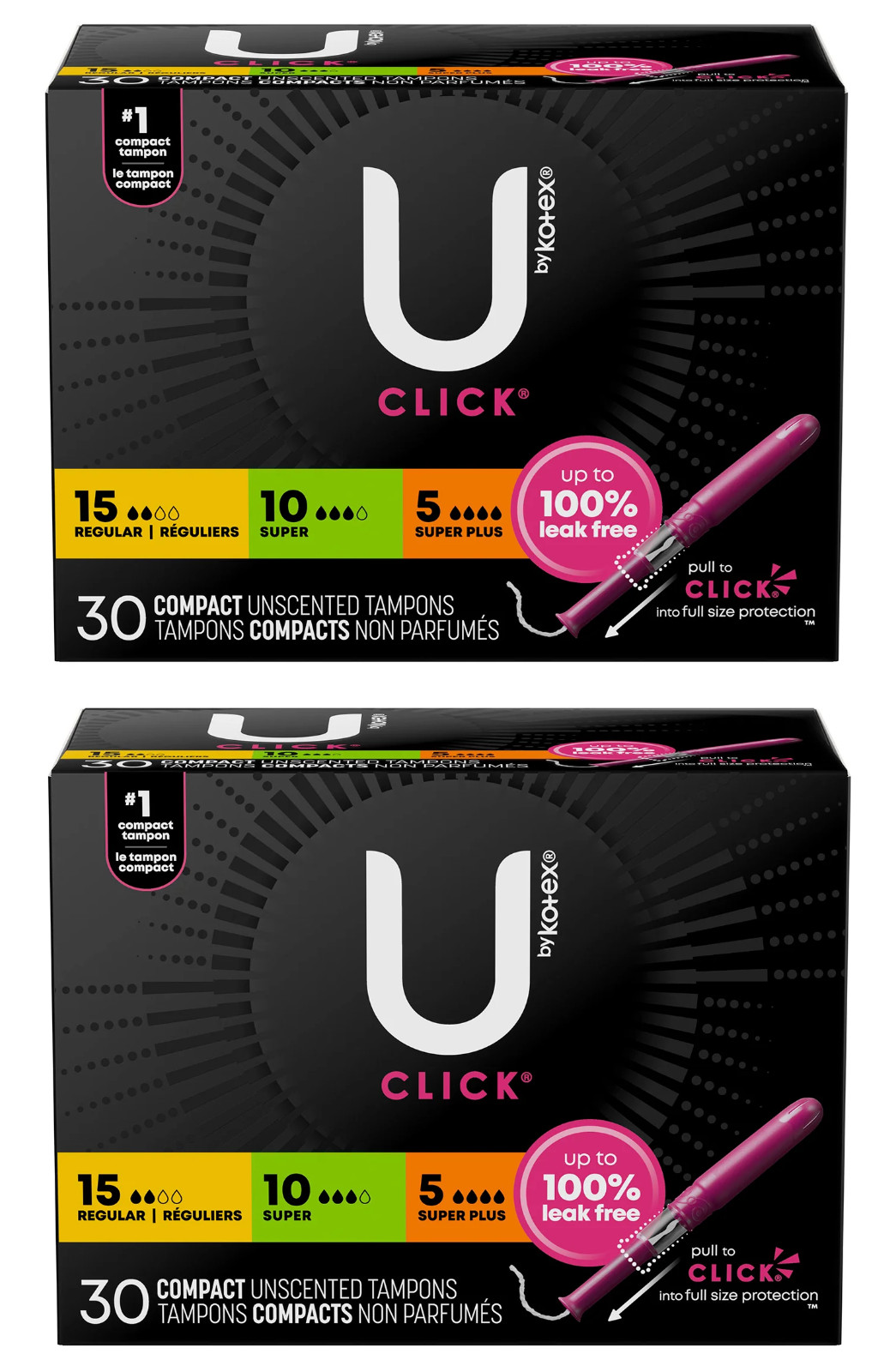 Pack 2 U By Kotex Click Compact Tampons, Regular/Super/Super Plus, 30 Each