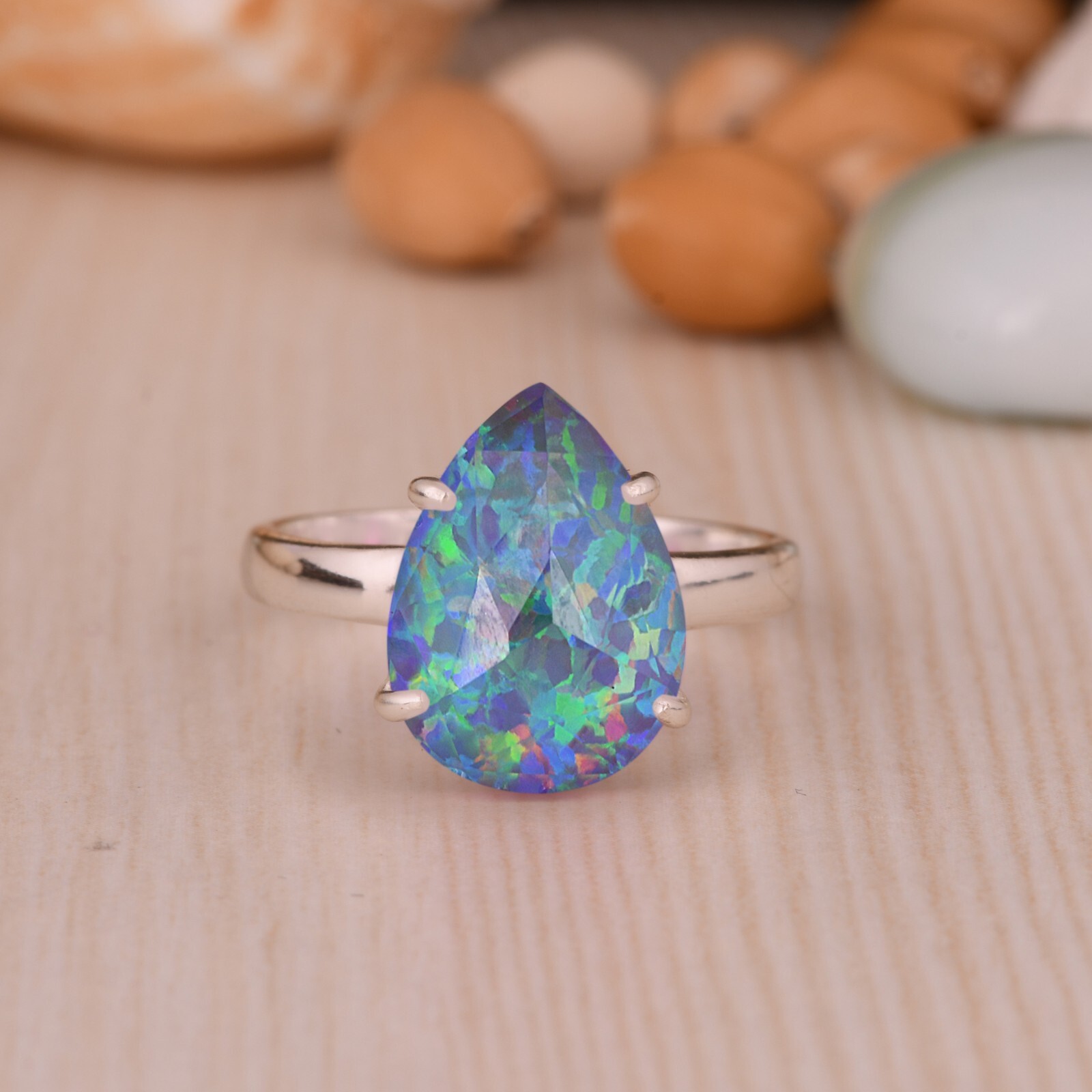Teardrop Prong Set Fire Opal Sterling Silver Ring For Engagement Gift For Her