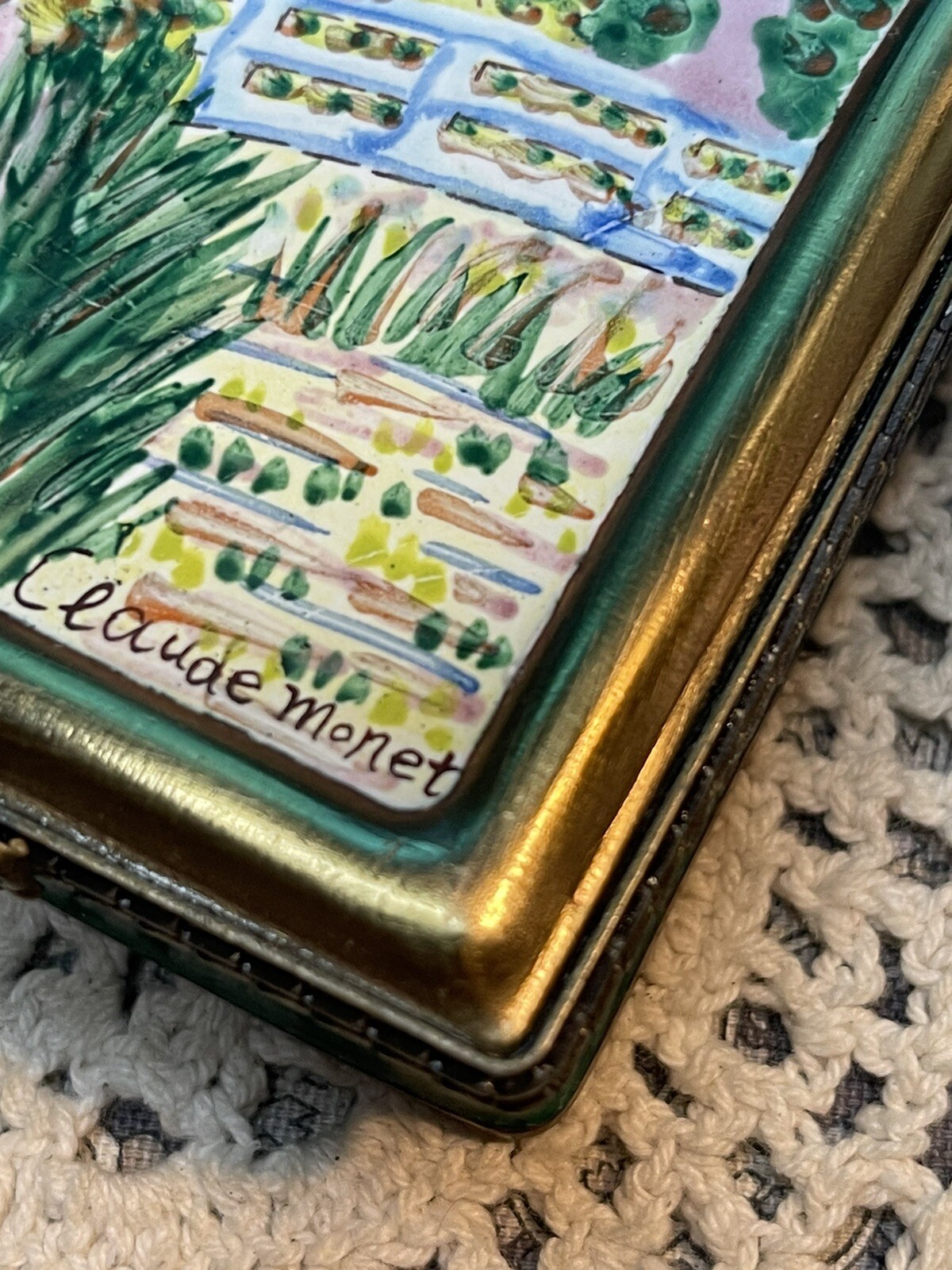 Enameled Painted Fabric Lined Brass Trinket Box