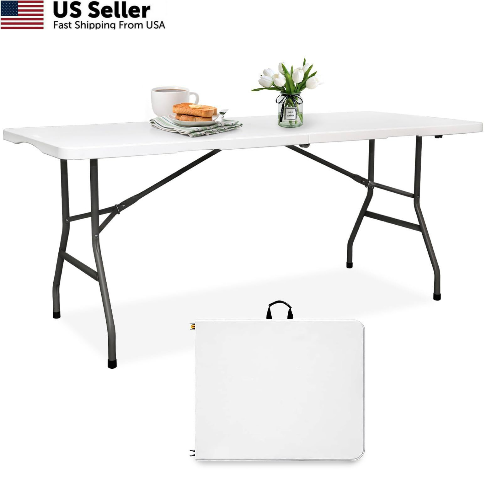 pollilar 6FT Folding Table Plastic 6 Foot Foldable HDPE 6 FOOT, White