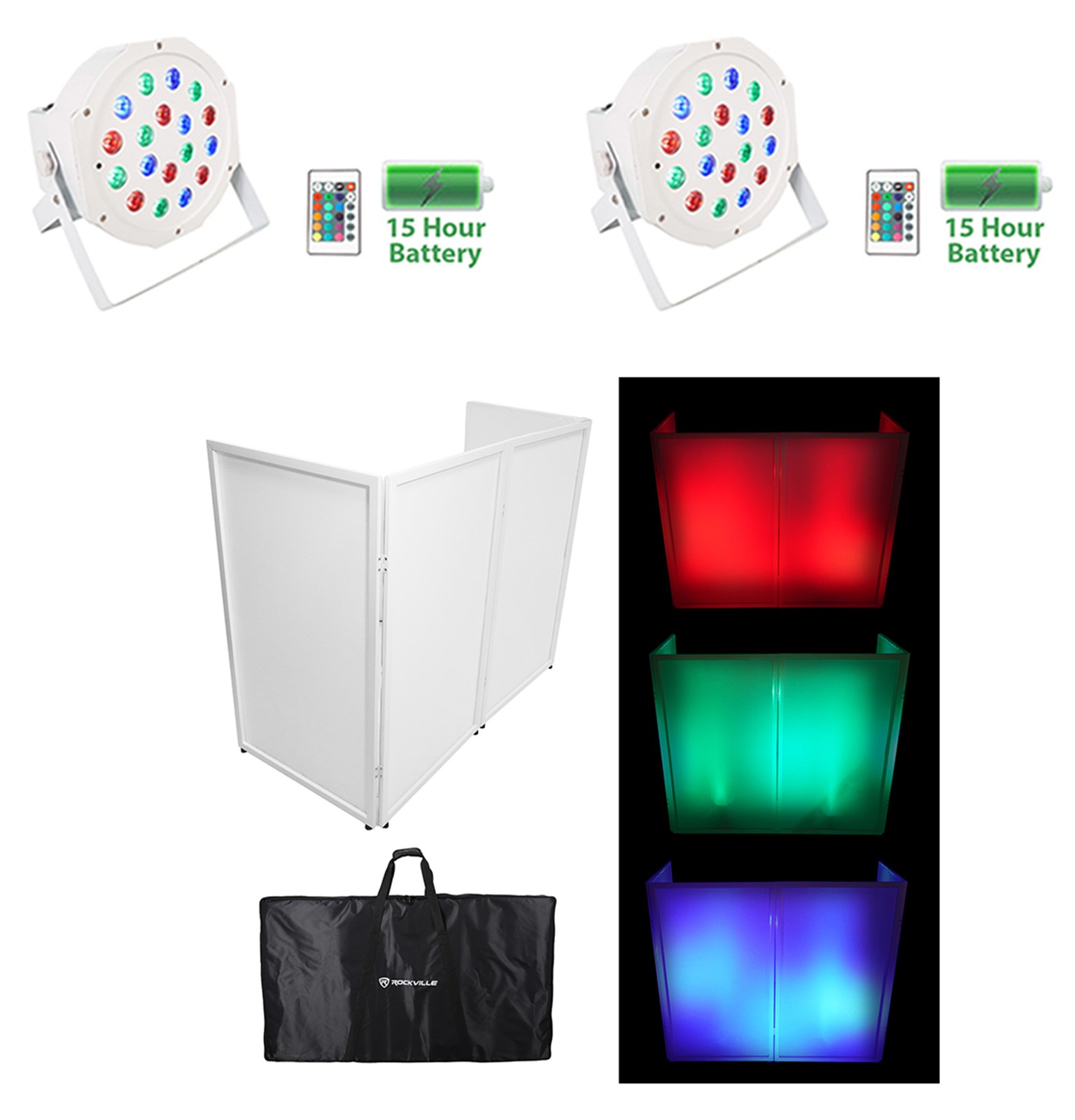 Rockville RFXLW White DJ Facade 112" x 48" Steel Frame Booth+Bag+Scrim+Up-Lights