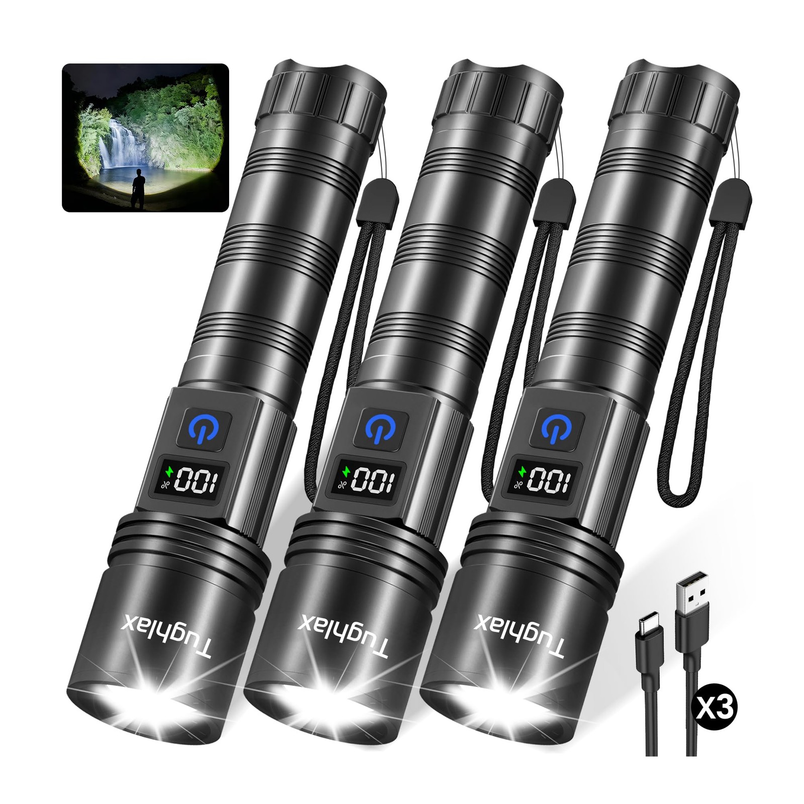 3Pack Rechargeable Flashlights High Lumens, Super Bright Flashlight with LCD ...