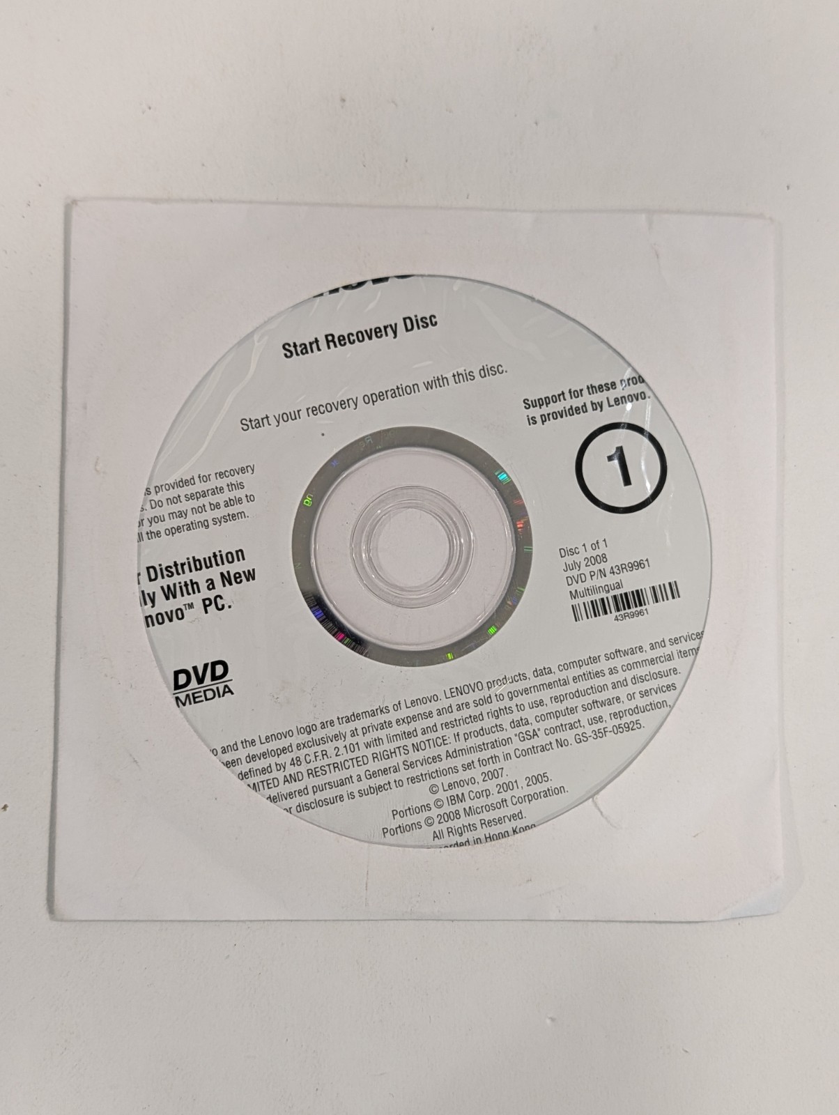Lenovo Recovery Disc | Disc 1 Only, NEW SEALED
