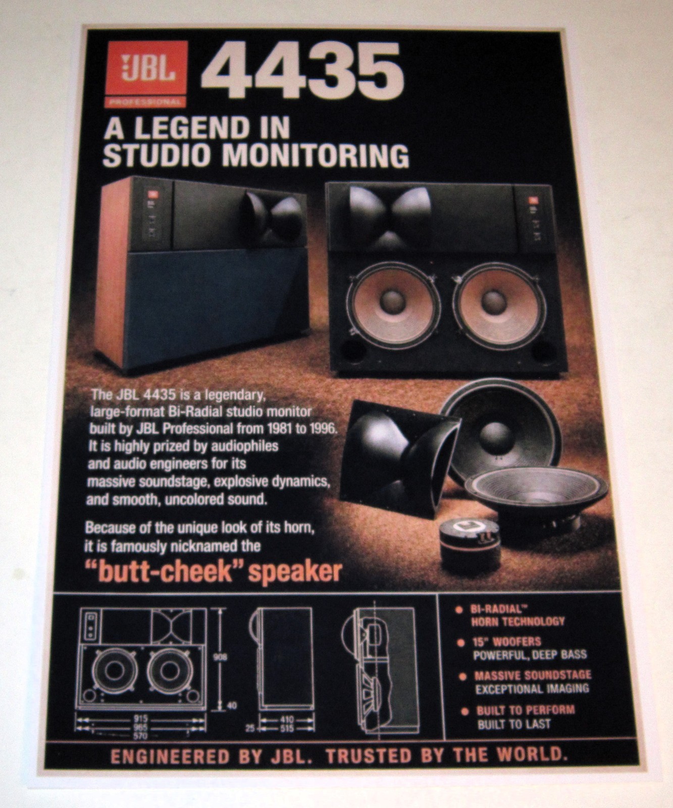 JBL 4435 2 Way Horn Studio Monitors Poster 19" x 13" Audiophile Vintage