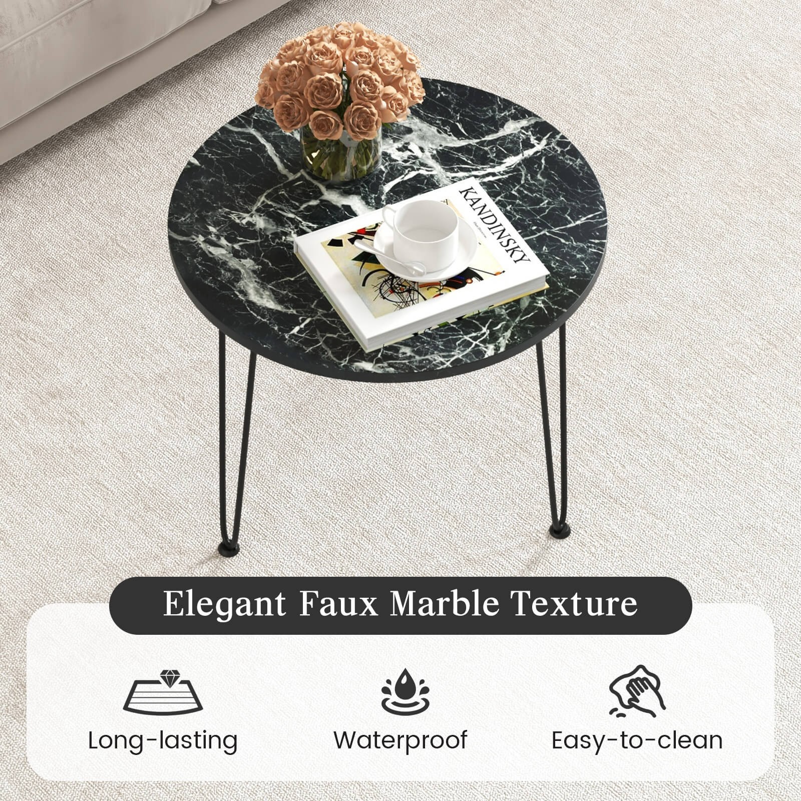 Small Round Coffee Table w/ Thickened Tabletop & Metal Tripod Legs Faux Marble