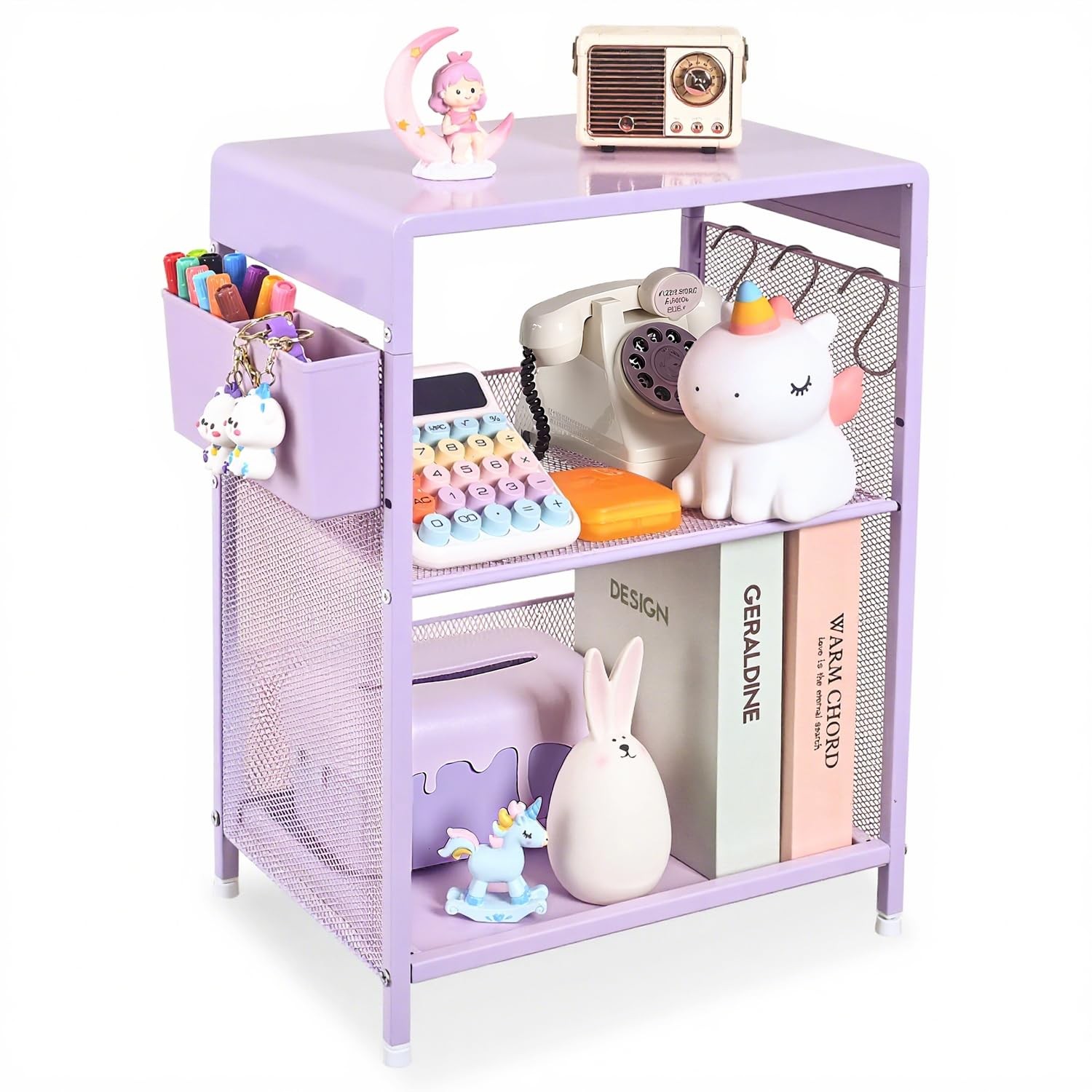 Purple Nightstand, End Table with Hooks and Holder, Nightstand for Bedroom, B...