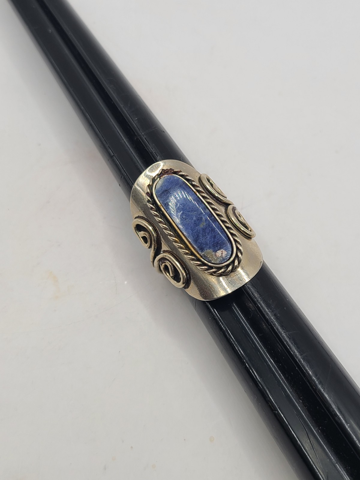 Handmade Sodalite Silvertone Adjustable Size 6 Ring Unsigned 1.25" Long