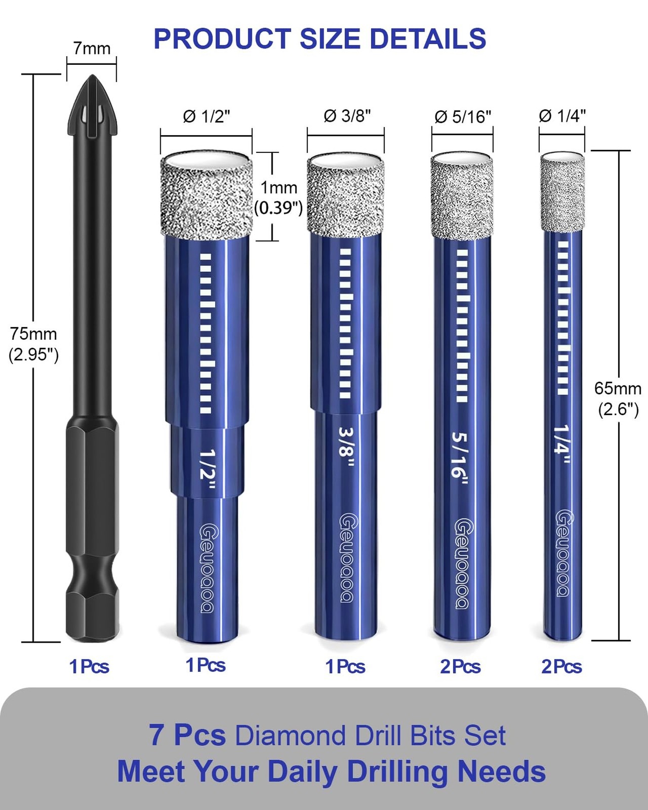 7 Pcs Diamond Drill Bits Set for Ceramic Glass Stone Porcelain Tile, Multi-Pu...