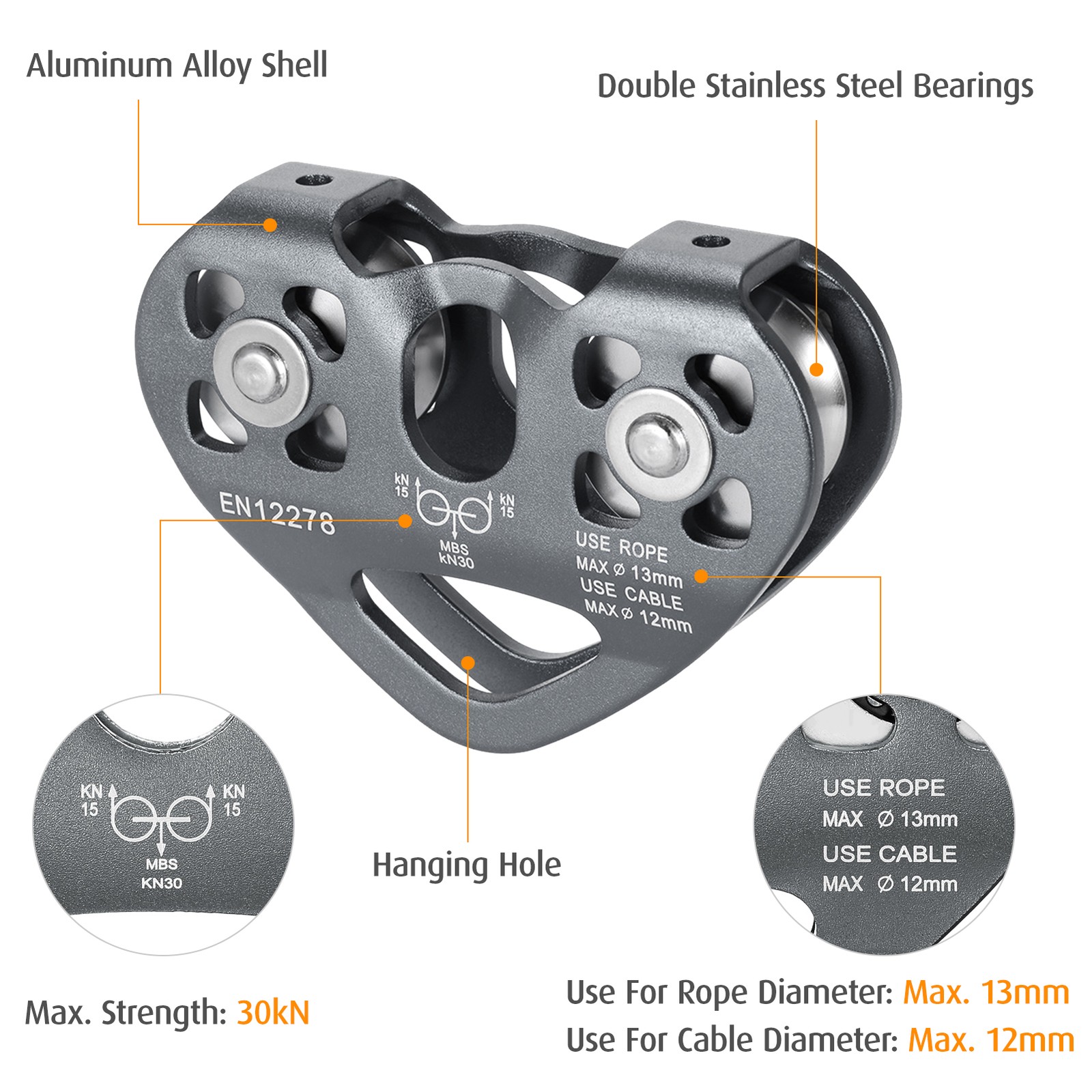 Lixada 30kN Climbing Pulley Aluminum Magnesium Alloy 12mm Cable for Rescue