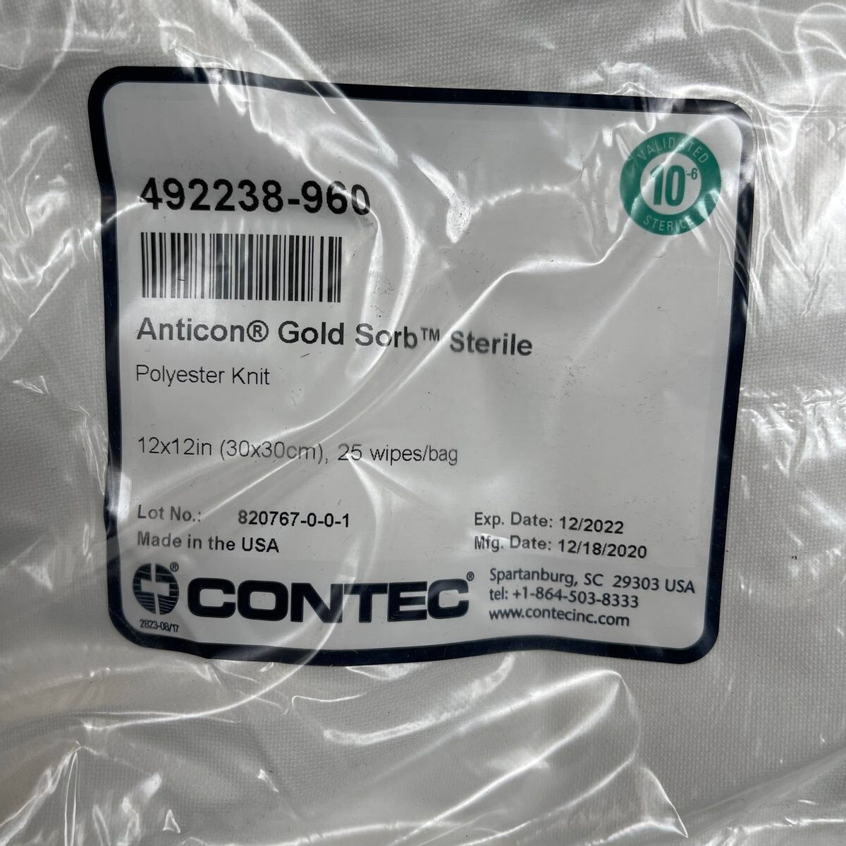 Contec 12x12" Sterile Gold Sorb Microfiber Blend Wipes, 25 Wipes.