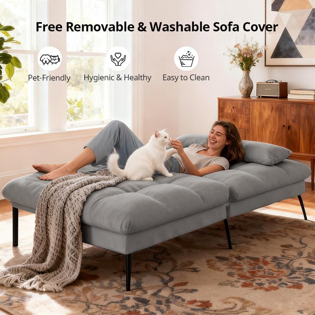 Convertible Futon Sofa Bed 72″Fabric Futons Couch W/ Adjustable Backrest Folding