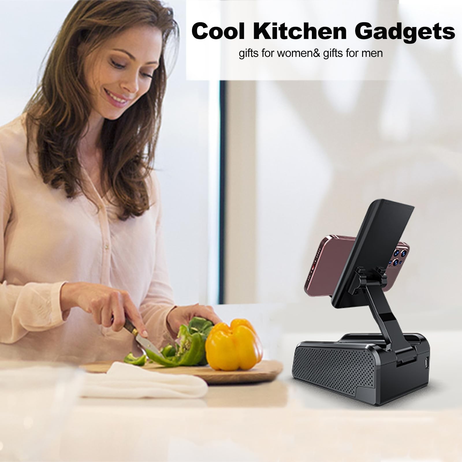 JTEMAN Cell Phone Stand with Bluetooth Speaker,Desktop Kitchen Gadgets Stand ...