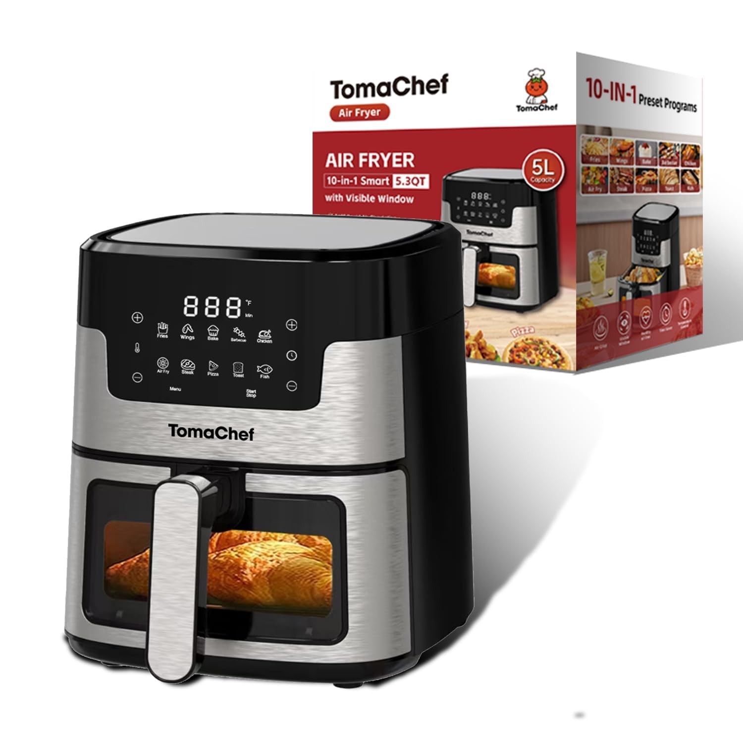 TomaChef Air Fryer 10-in-1, 5.3QT Compact Oil Free Cooker with Medium, Black