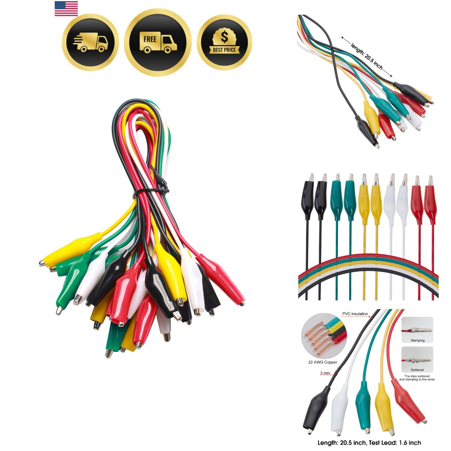 WG-026 10 Pieces and 5 Colors  Lead Set & Alligator Clips,20.5 inches / 22 AW...