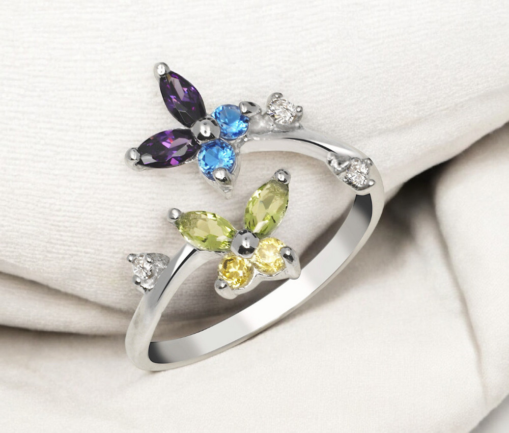 Solid 925 Sterling Silver Butterfly Adjustable Multi-Color Cubic Zirconia Toe