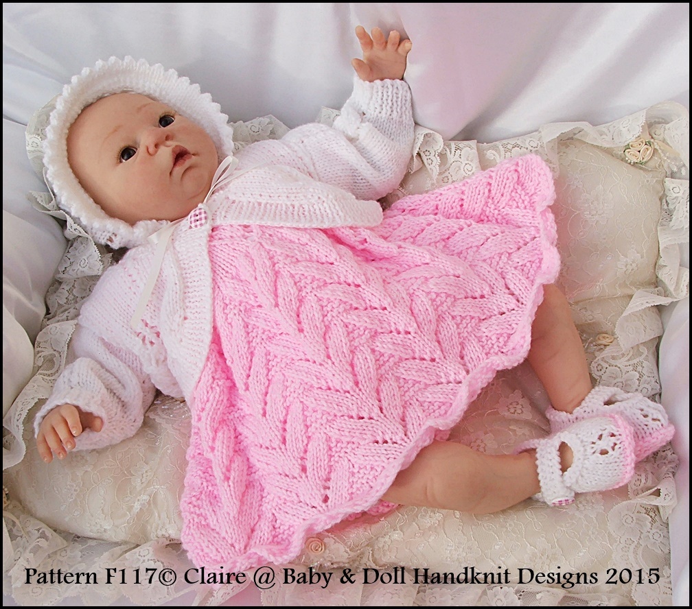 BABYDOLL HANDKNIT DESIGNS KNITTING PATTERN F117 DRESS SET 16-20" DOLL/0-3M BABY