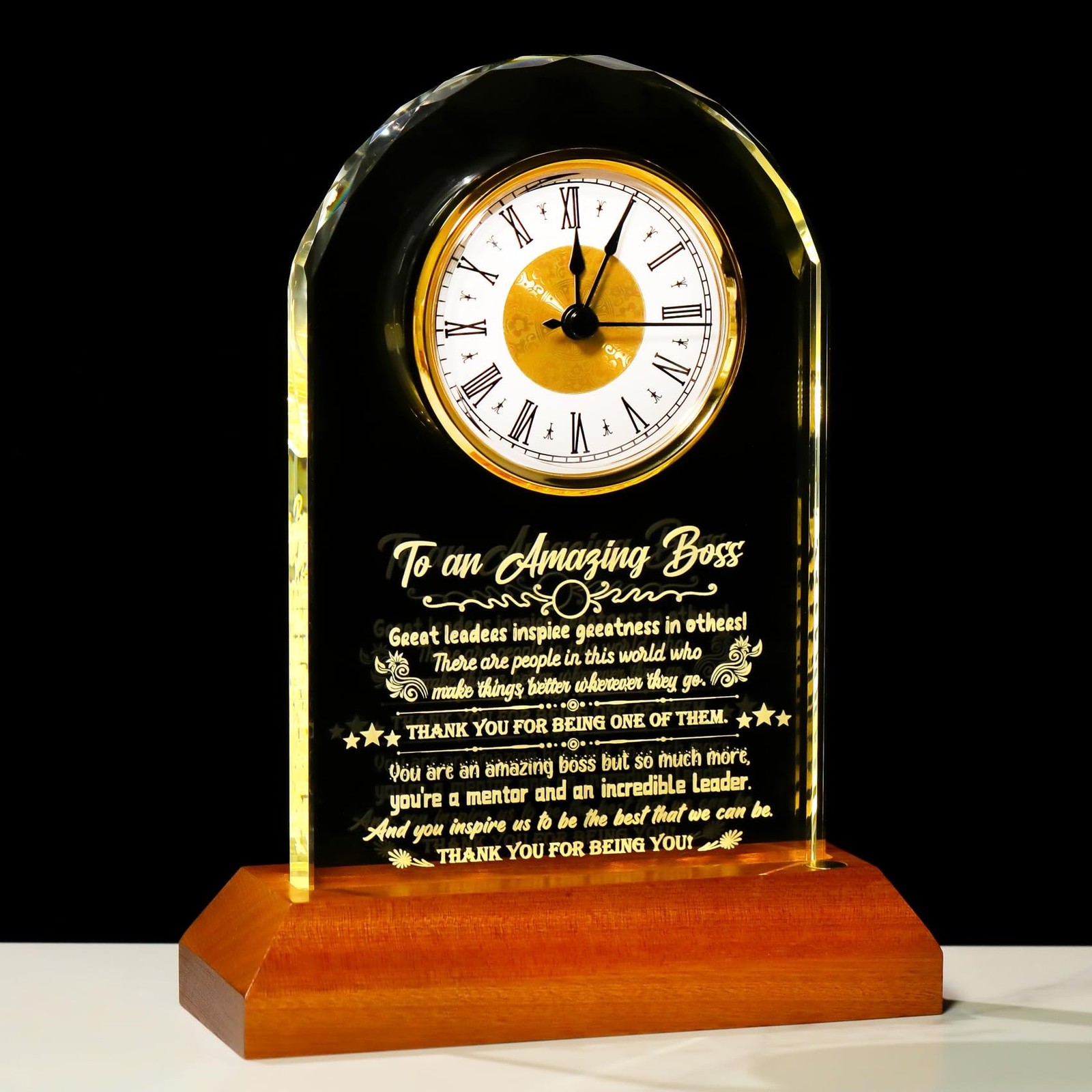 Boss Gifts for Women Men Crystal Clock with Wooden Light Base Unique Apprecia...