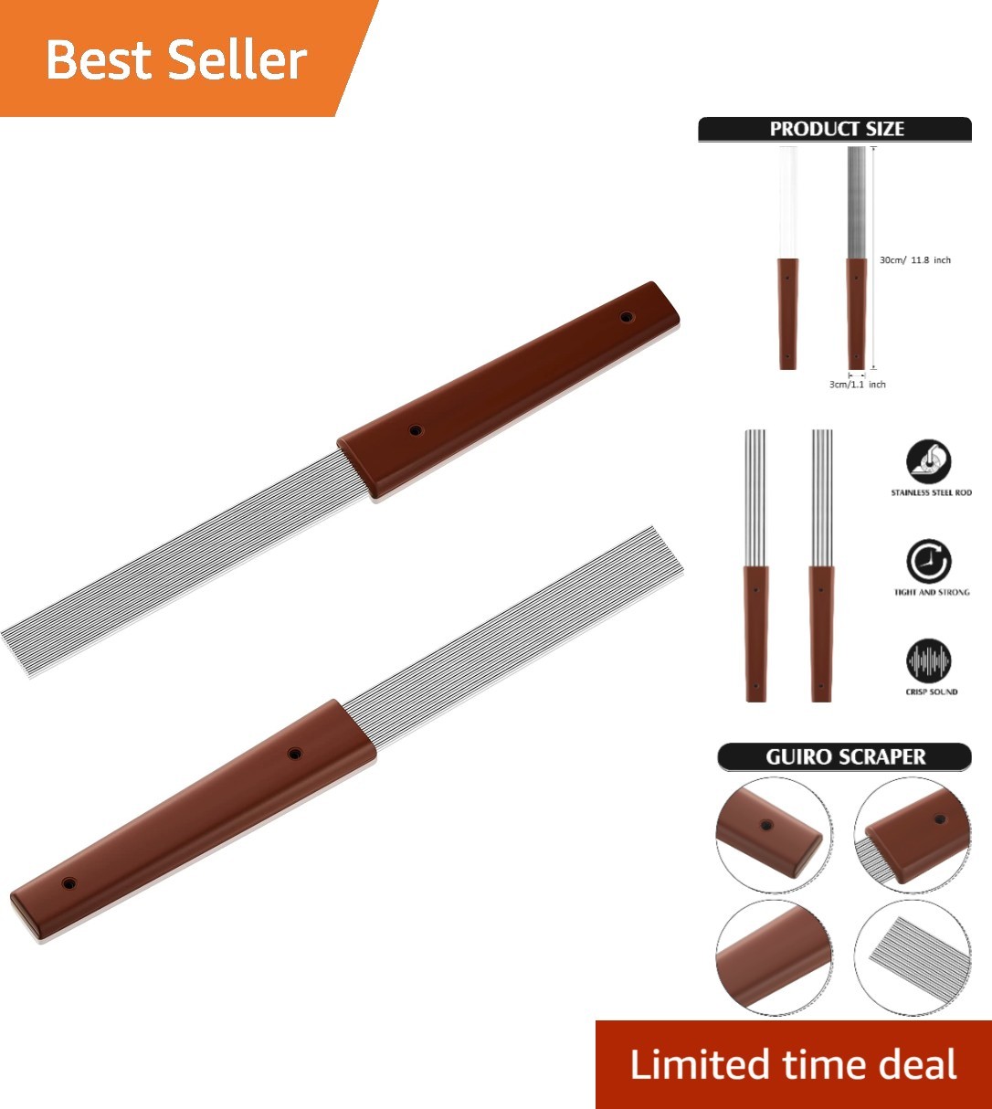 Ergonomic 12-Inch Guira Dominicana Scraper with 11 Steel Rods for Every Musician