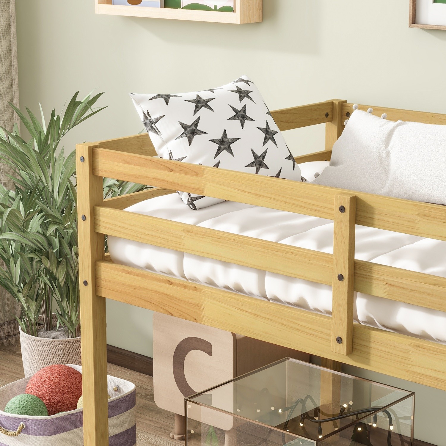Twin Size Wooden Loft Bed Frame w/ Ladder & Strengthened Slats for Kids Teens