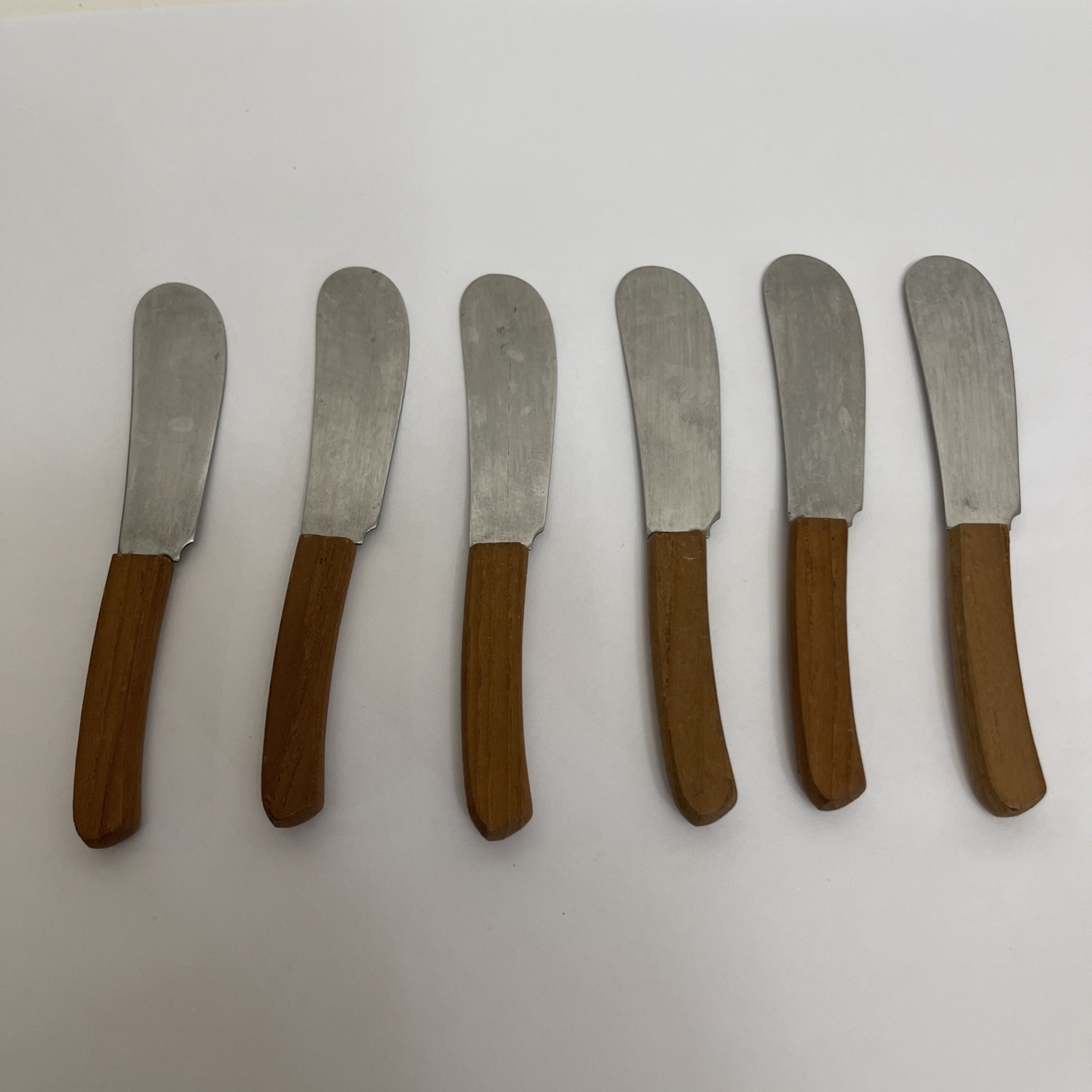 Vtg Stainless Canapé Knife Set Teak Handles Ontaguri Japan Spreaders Set Of 6