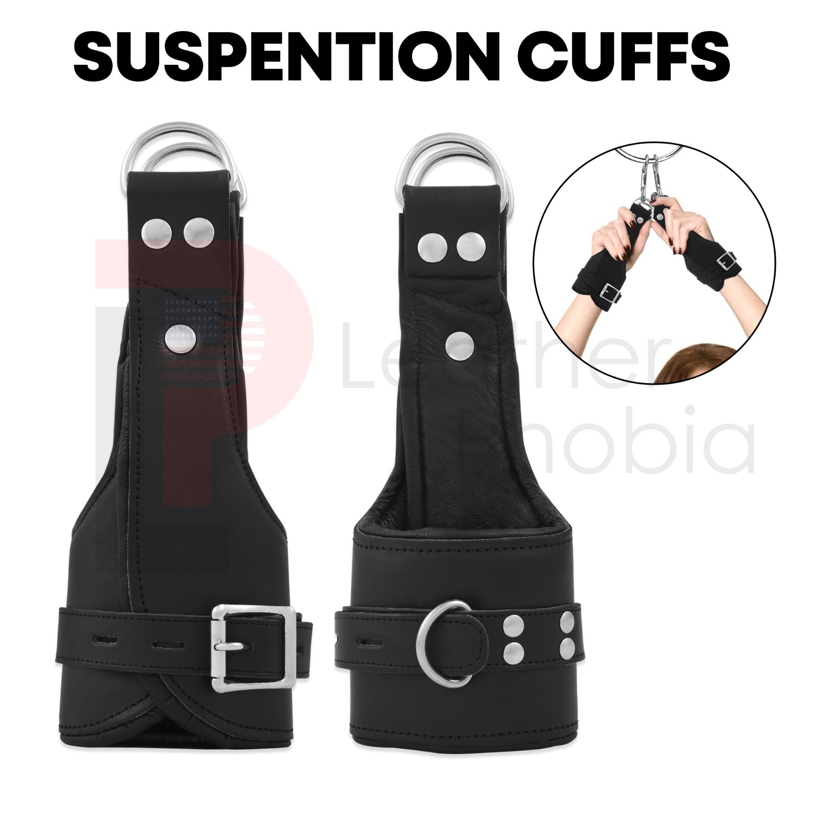 Real Leather Cowhide Wrist Cuffs Black Restraint Bondage Set 2 Pieces Lockable