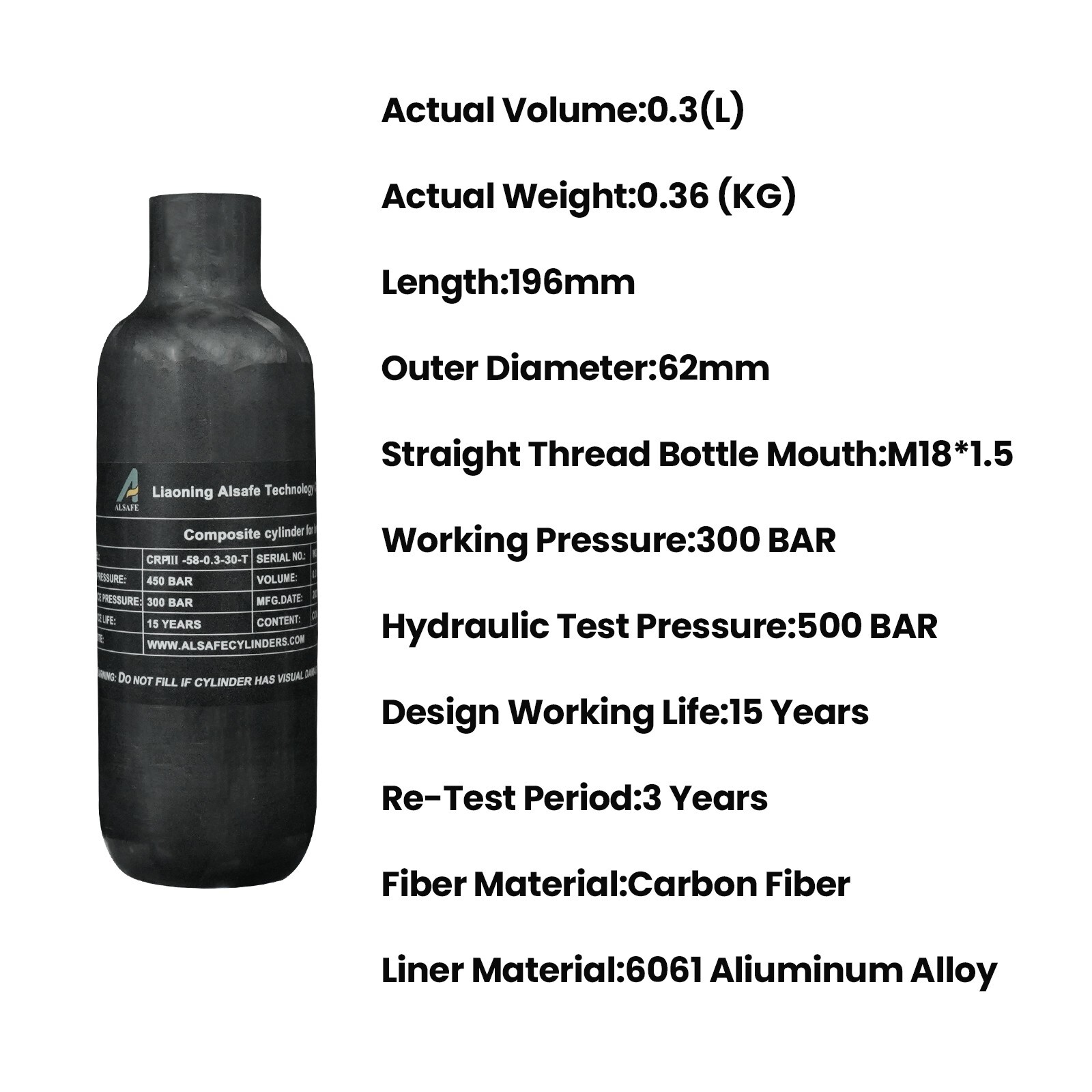 TUXING PCP Air Tank 4500psi 0.3L Carbon Fiber Paintball HPA Tank for Air Gun