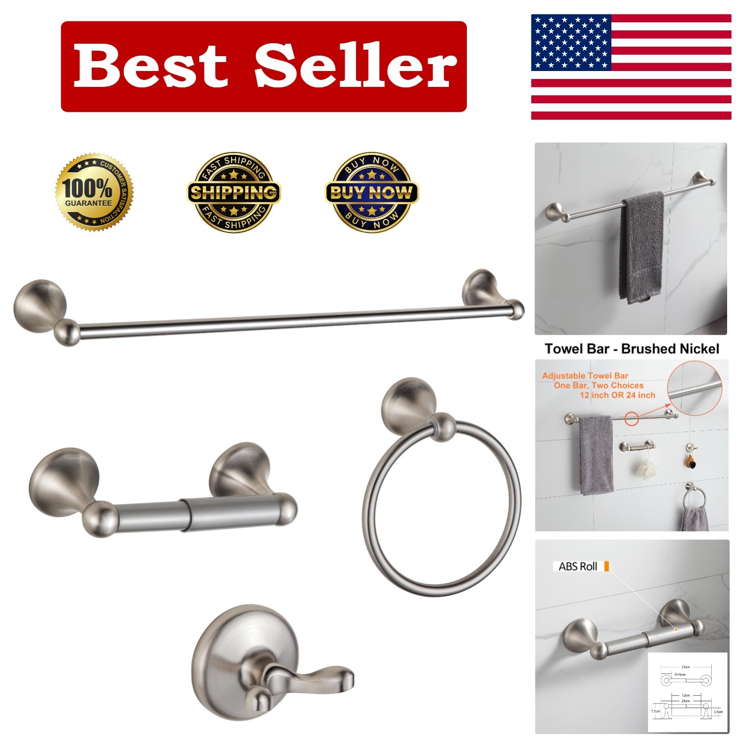Adjustable Brushed Nickel Towel Bar - 4-Piece Bathroom Kit for Easy Installation