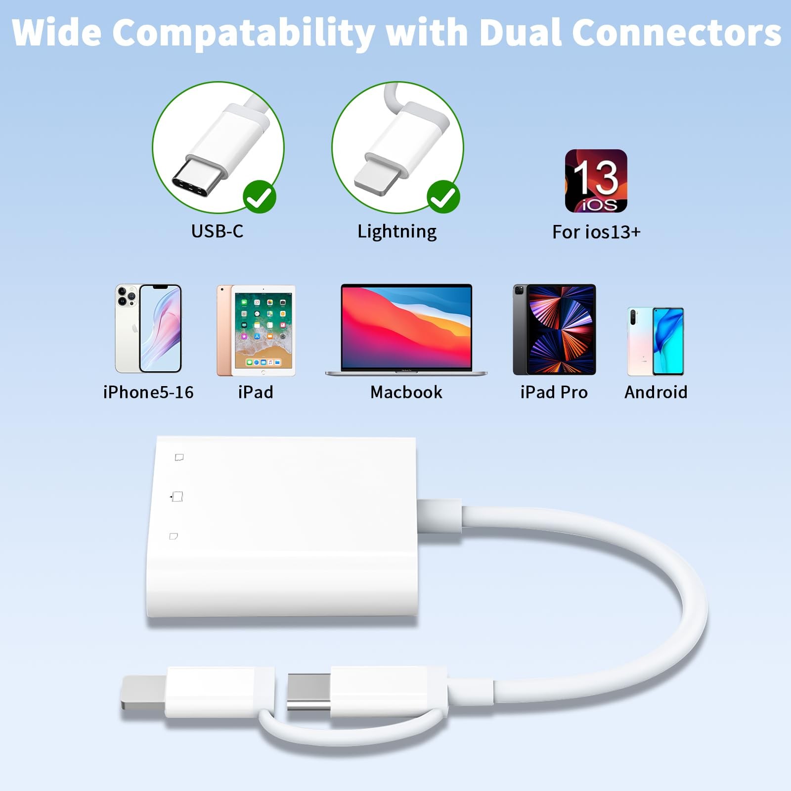 Lightning and USB SD Card Reader for iPhone iPad Mac Android Laptop, 3 in 2 M...