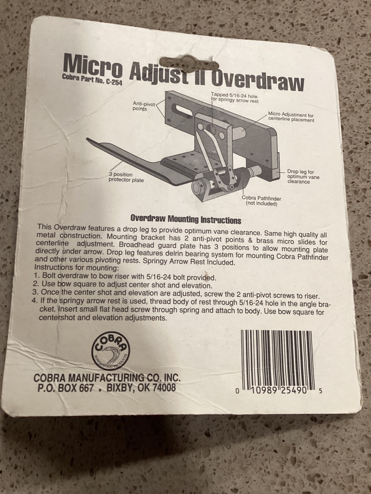 Vintage Cobra Micro Adjust II Overdraw Arrow Rest Compound Bow NOS—B30