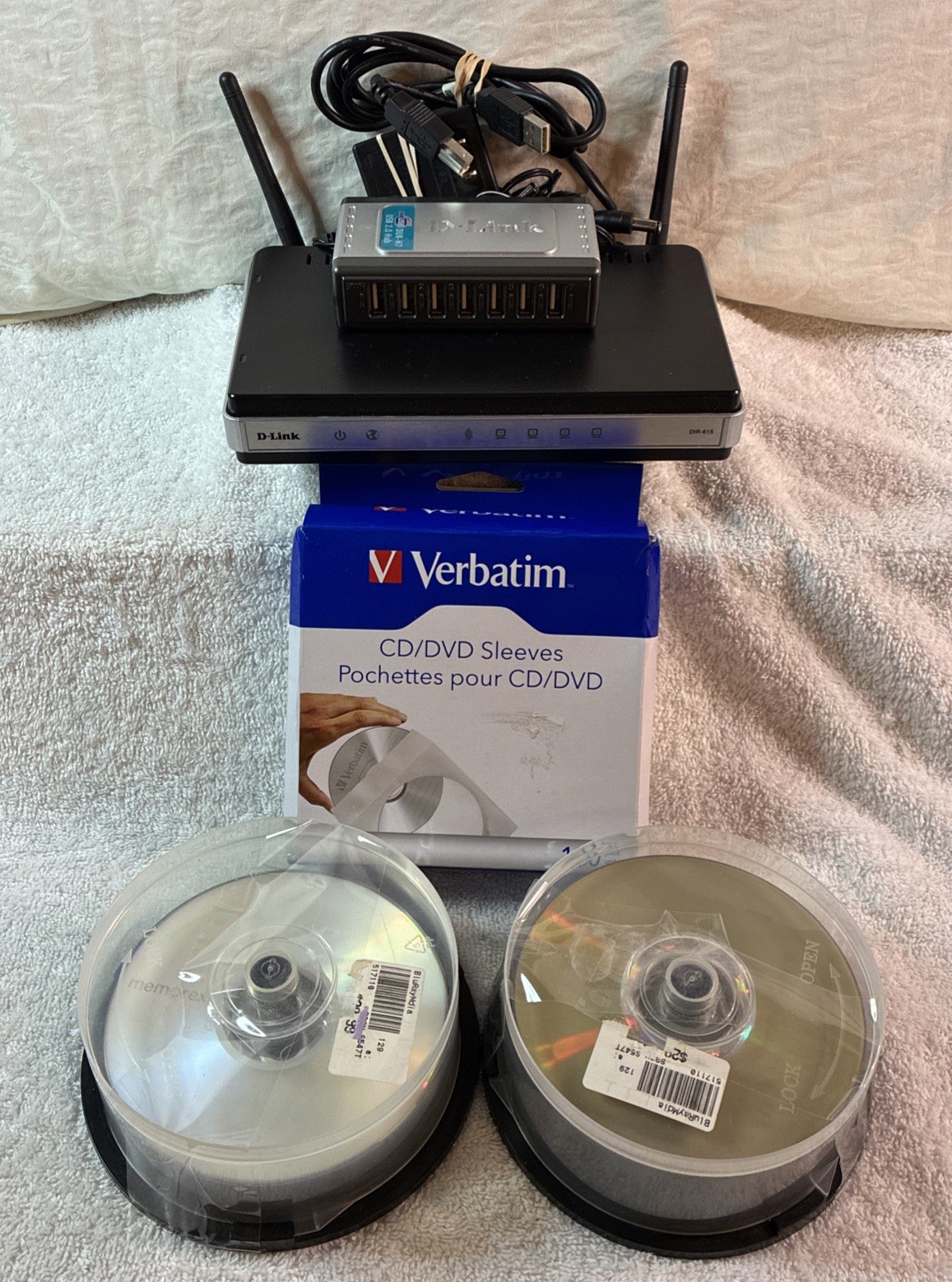 D-Link Router + USB Hub + 40 Blank DVDs + 100 Sleeves Backup Storage Kit - Mint