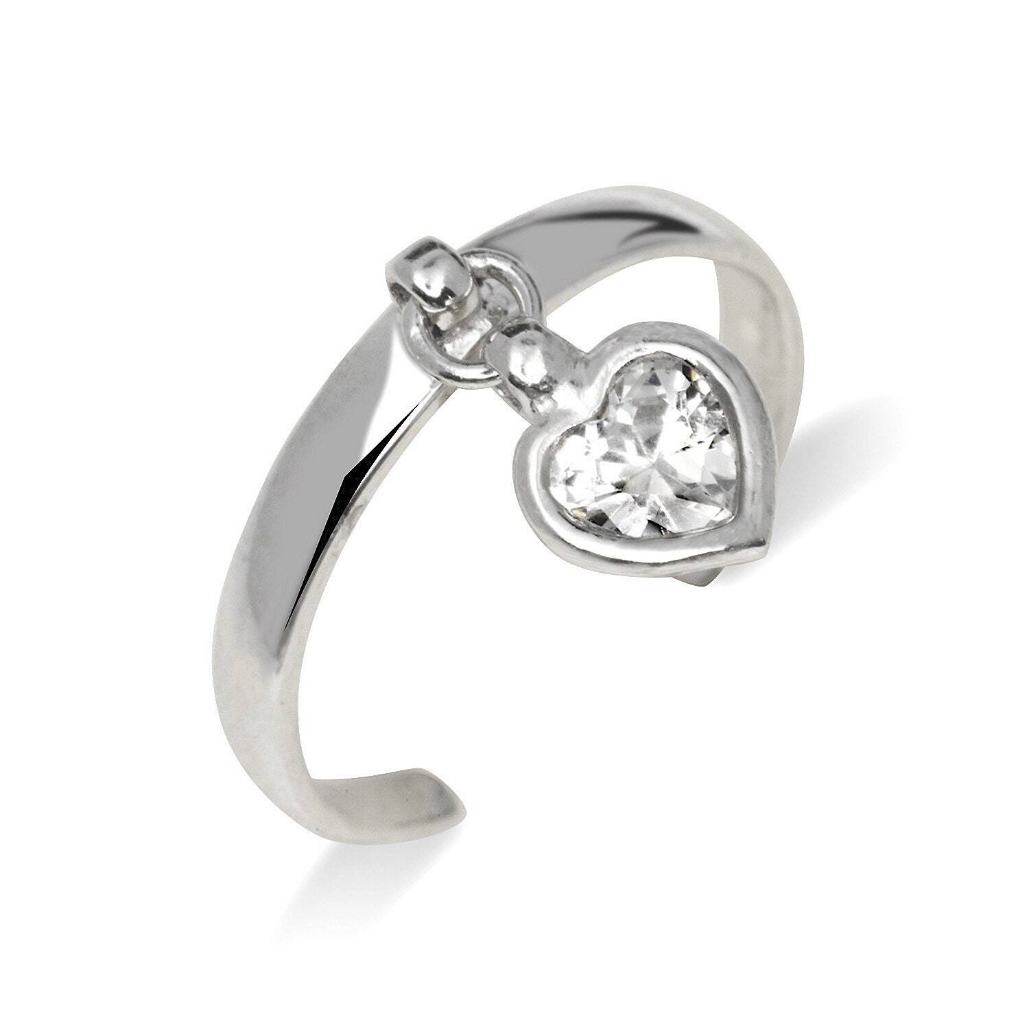 Solid 925 Sterling Silver Elegant Adjustable Cubic Zirconia Dangling Heart Toe